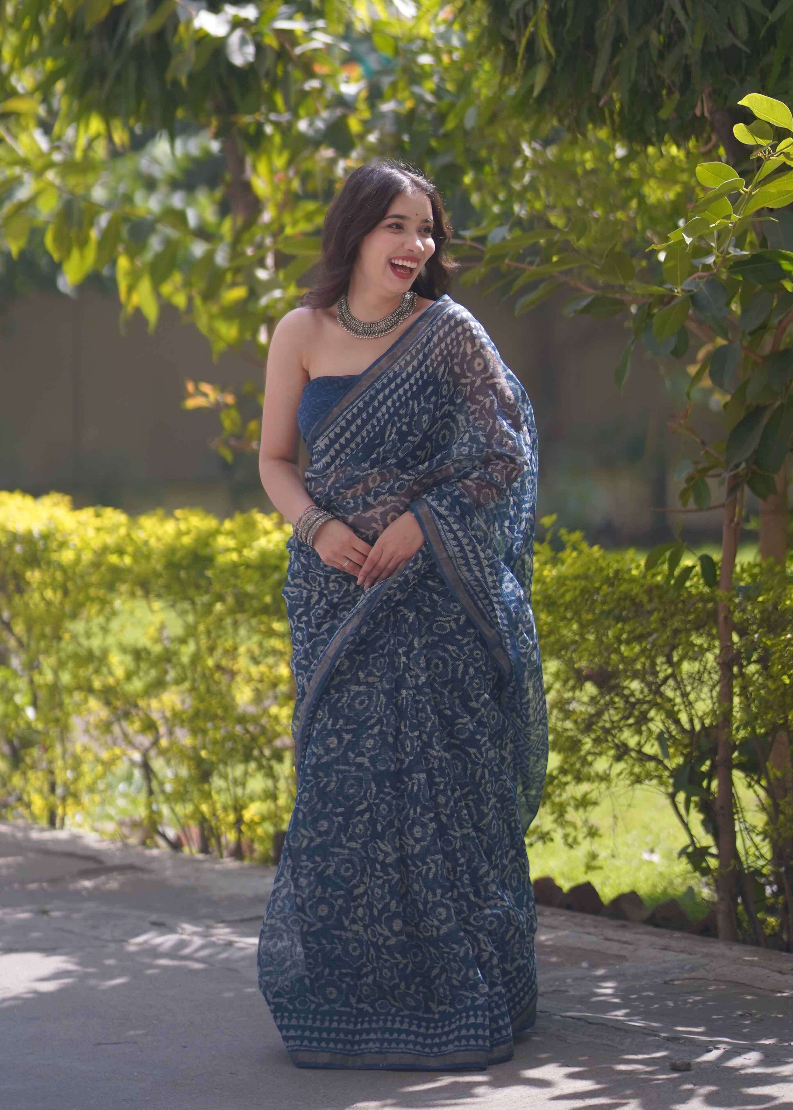 Sanjh Phool - Indigo Floral Kota Doria Saree