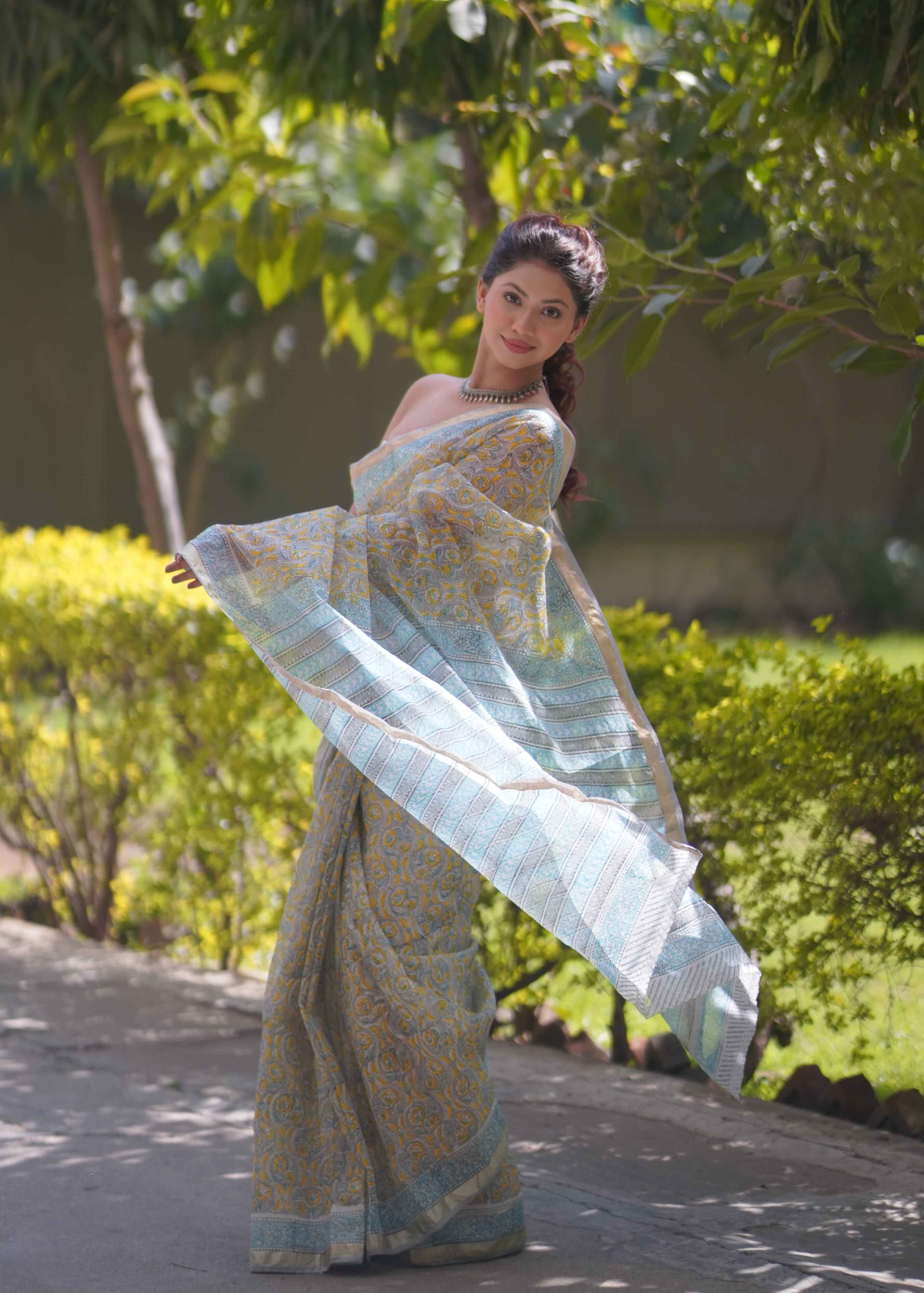 Raangika- Yellow Floral Kota Doria Saree