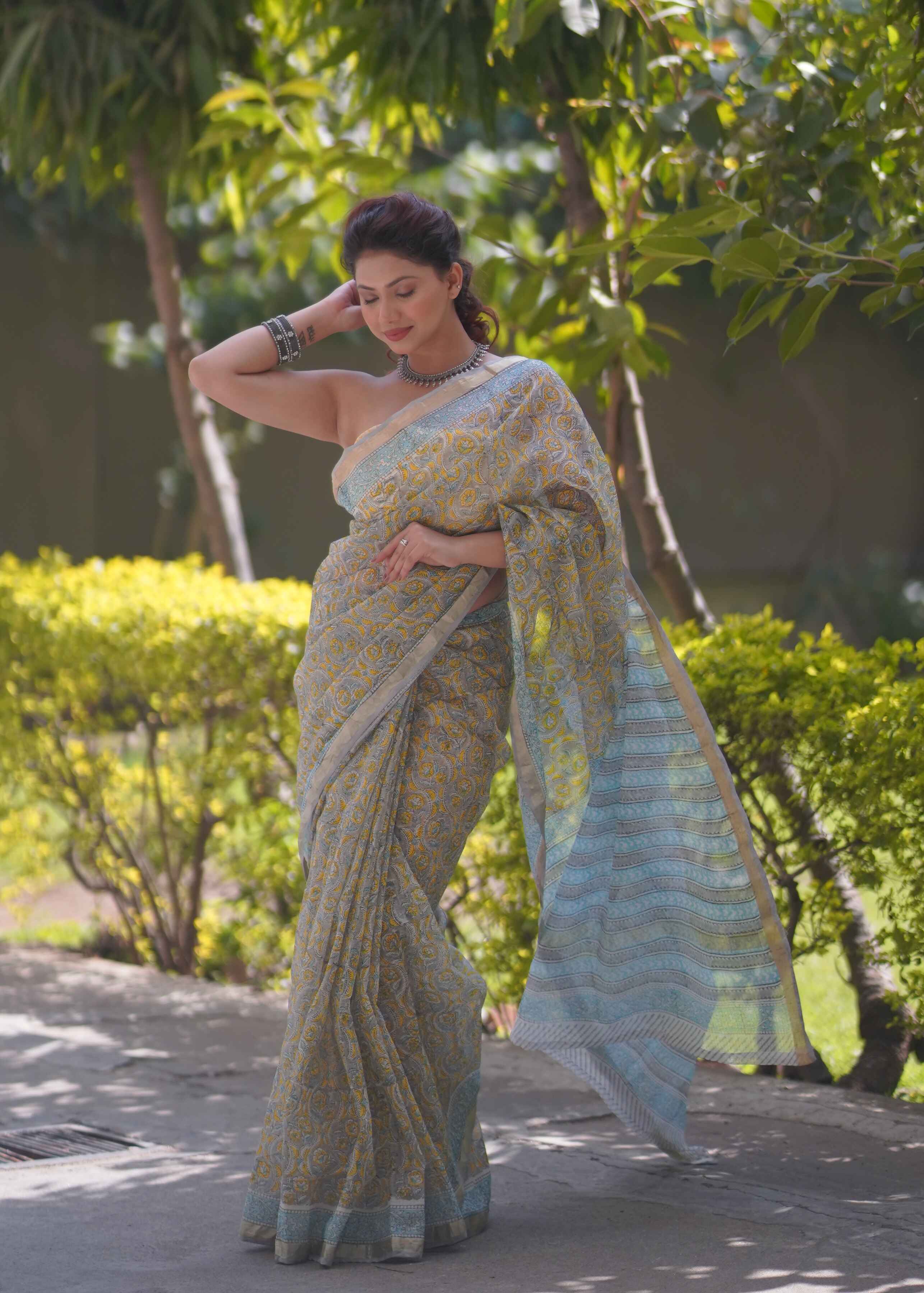 Raangika- Yellow Floral Kota Doria Saree