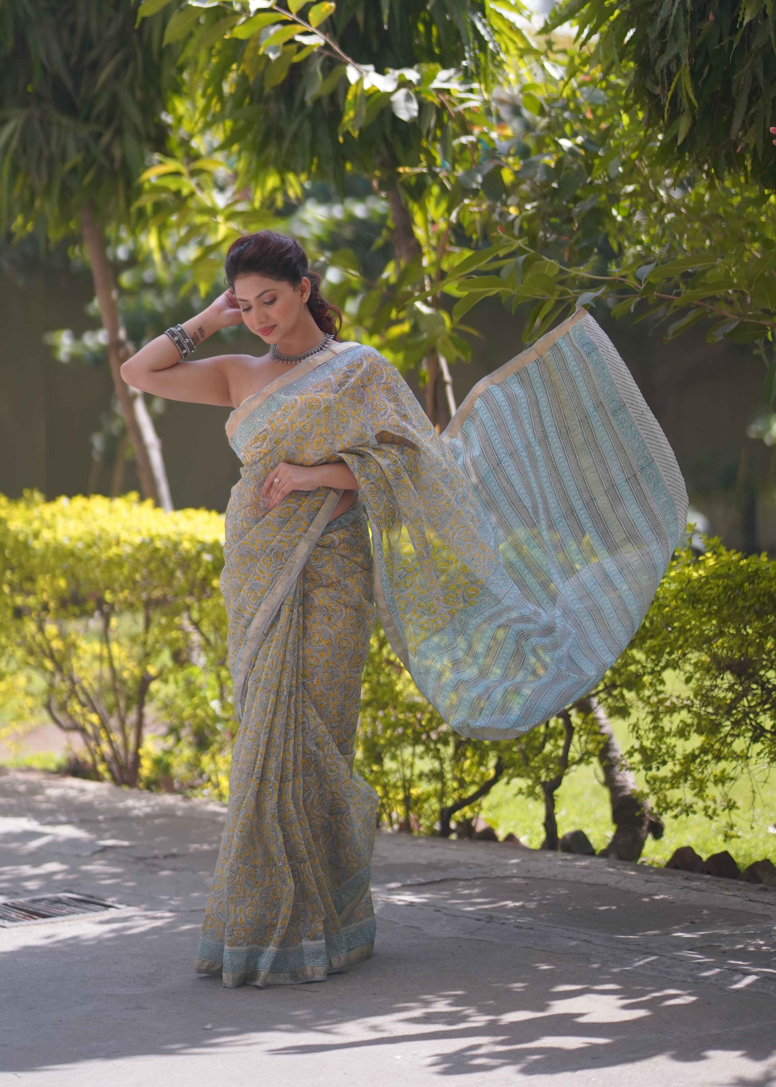 Raangika- Yellow Floral Kota Doria Saree