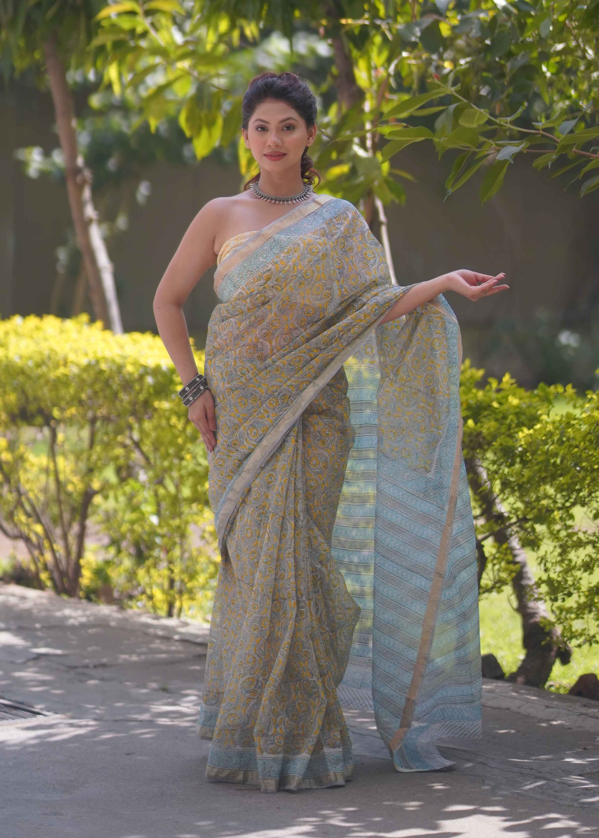 Raangika- Yellow Floral Kota Doria Saree