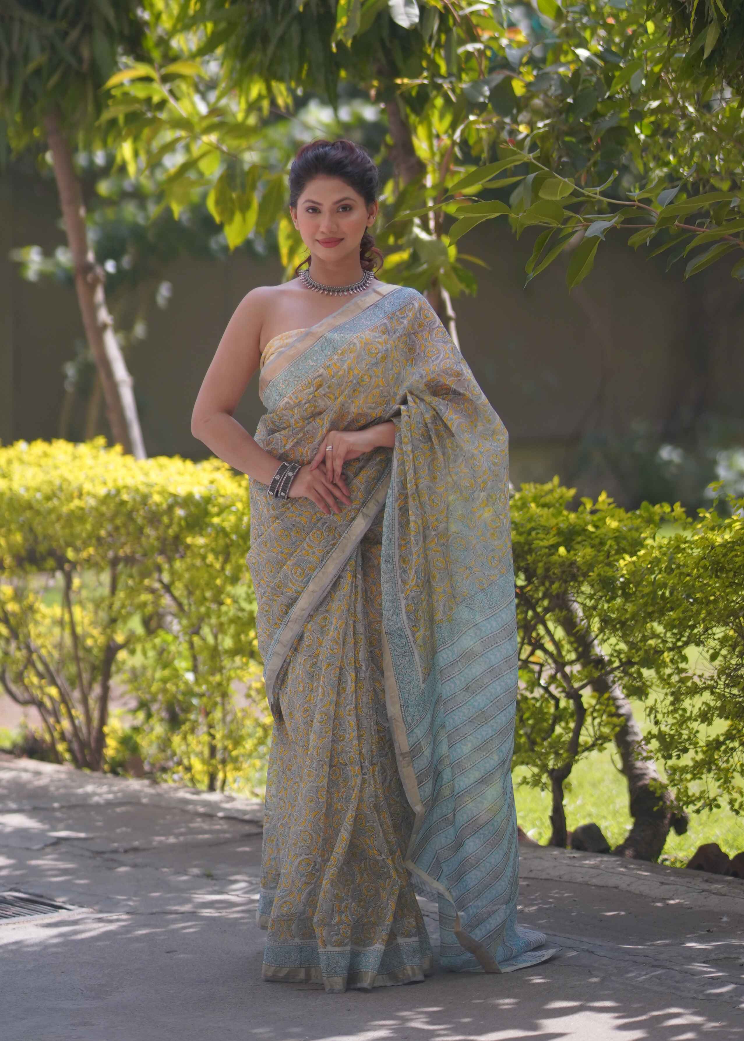 Raangika- Yellow Floral Kota Doria Saree