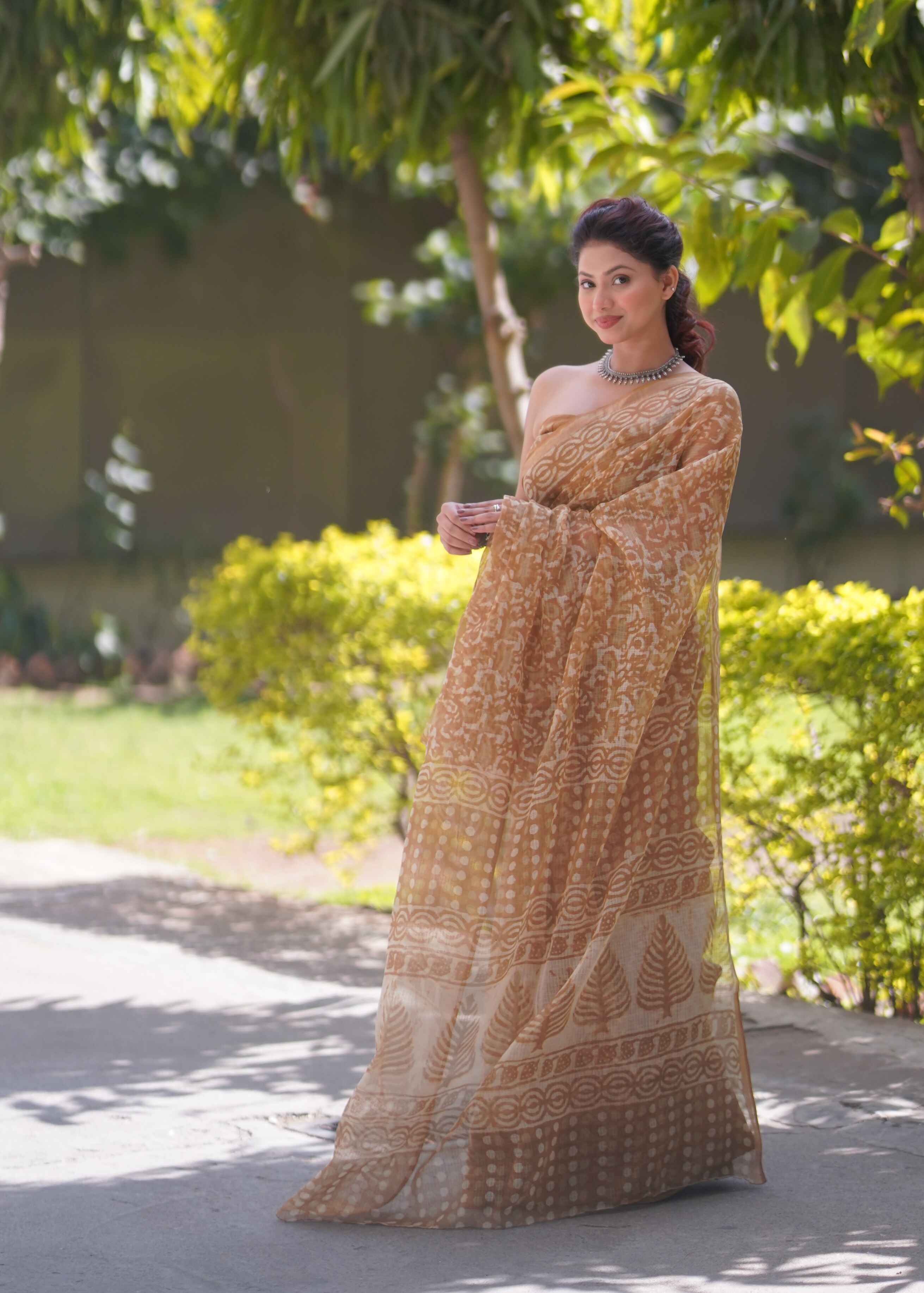 Patangini - Brown Floral Kota Doria Saree