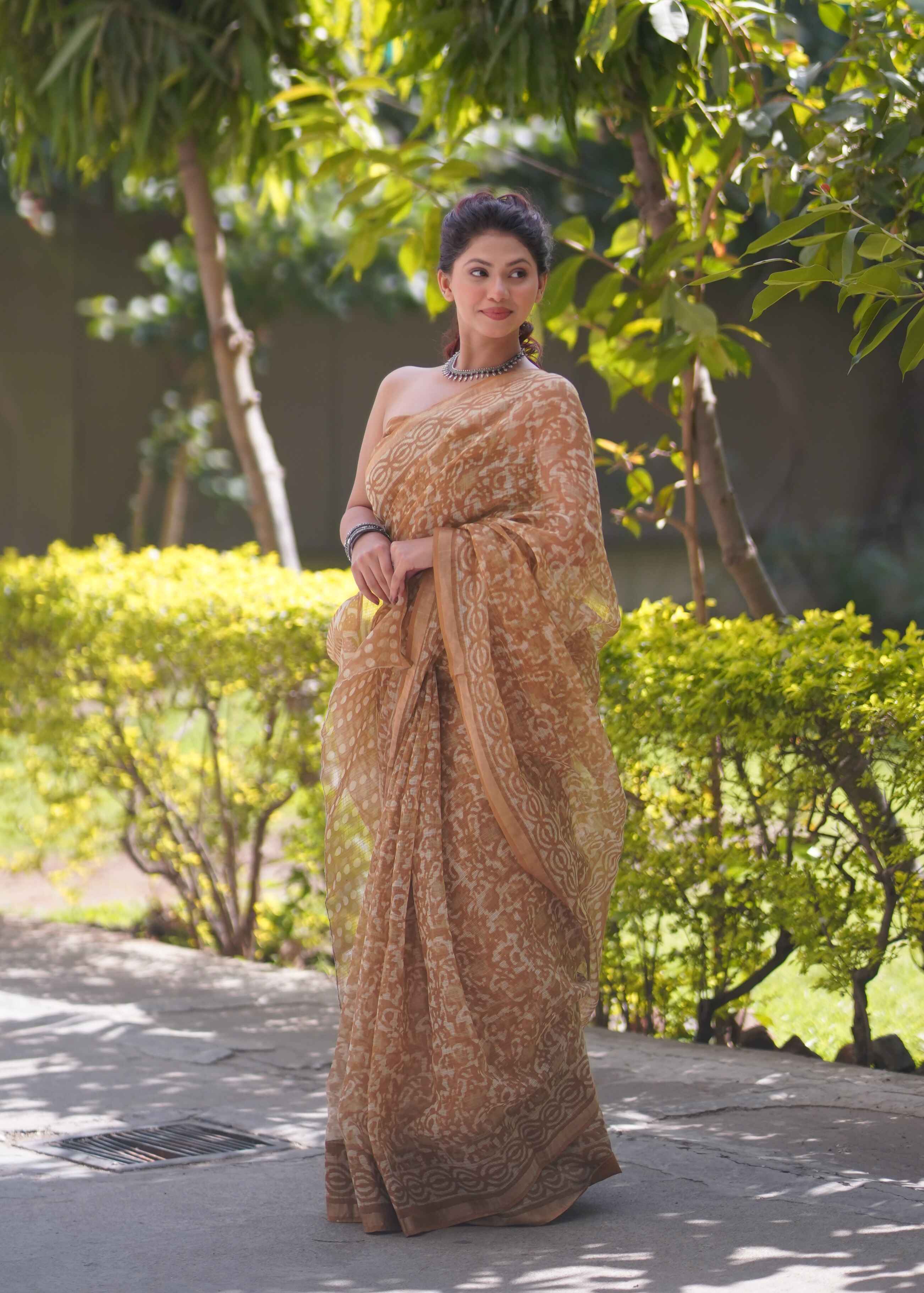 Patangini - Brown Floral Kota Doria Saree