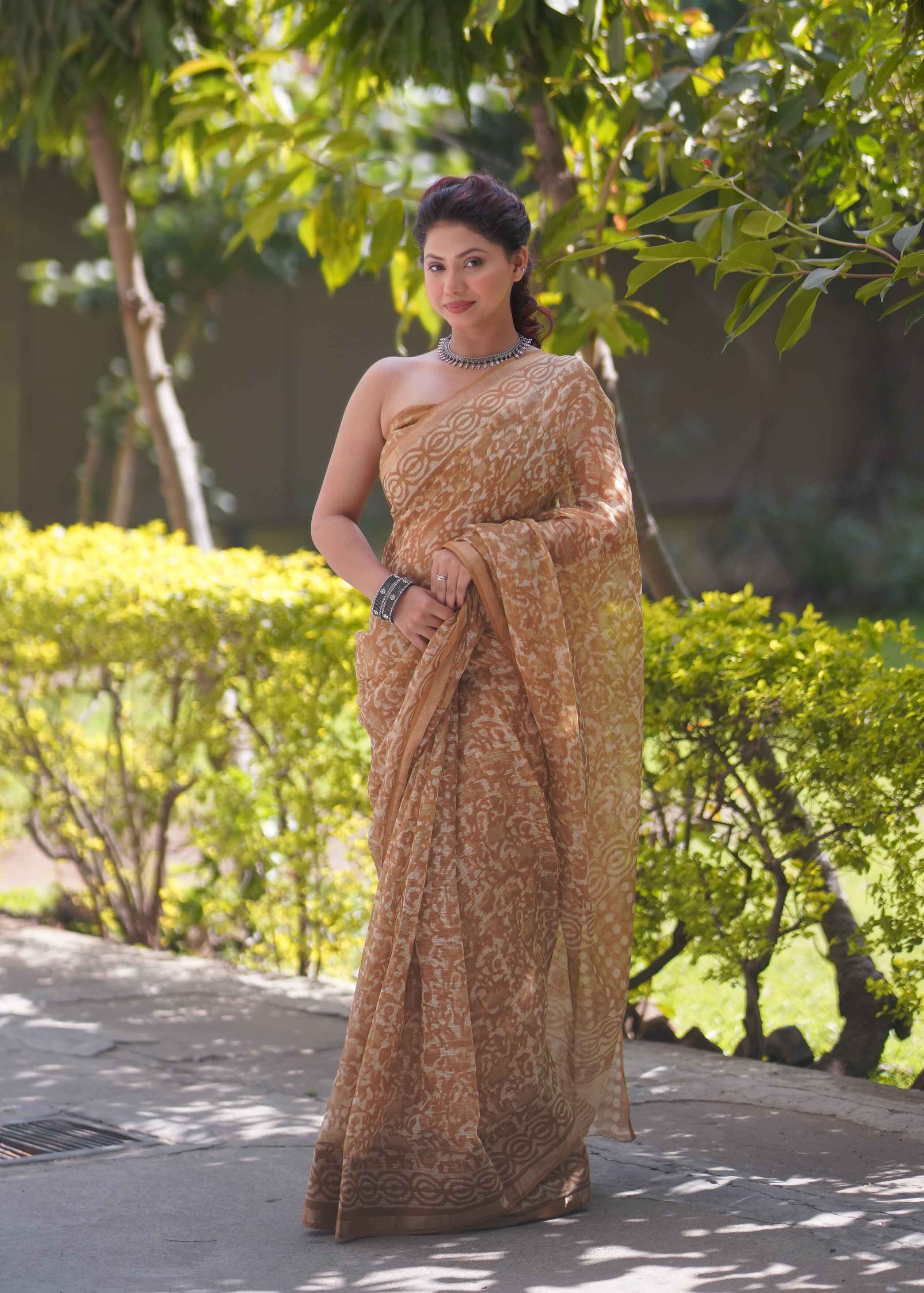 Patangini - Brown Floral Kota Doria Saree