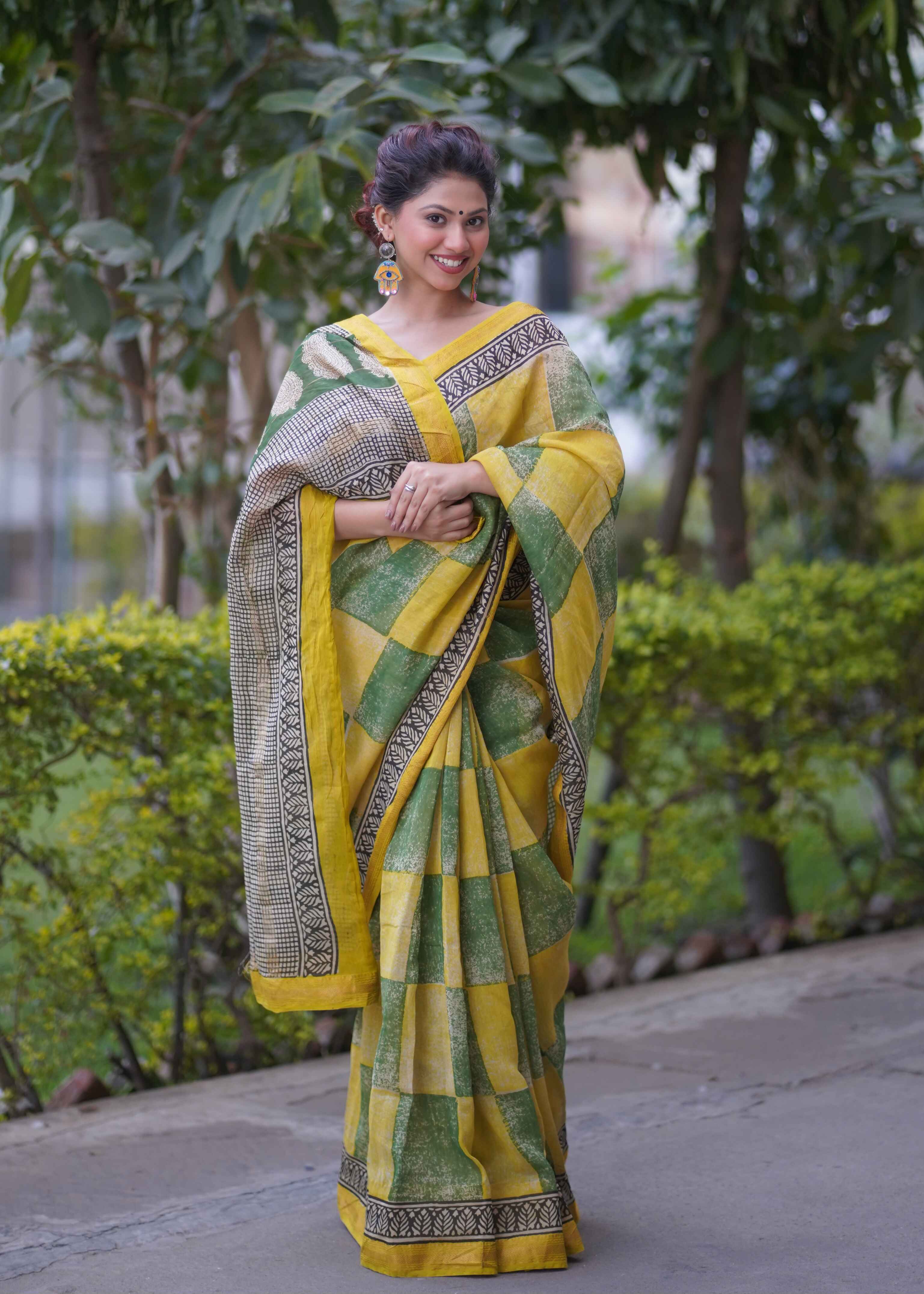 Kanakjaal- Yellow Checks Maheshwari Saree