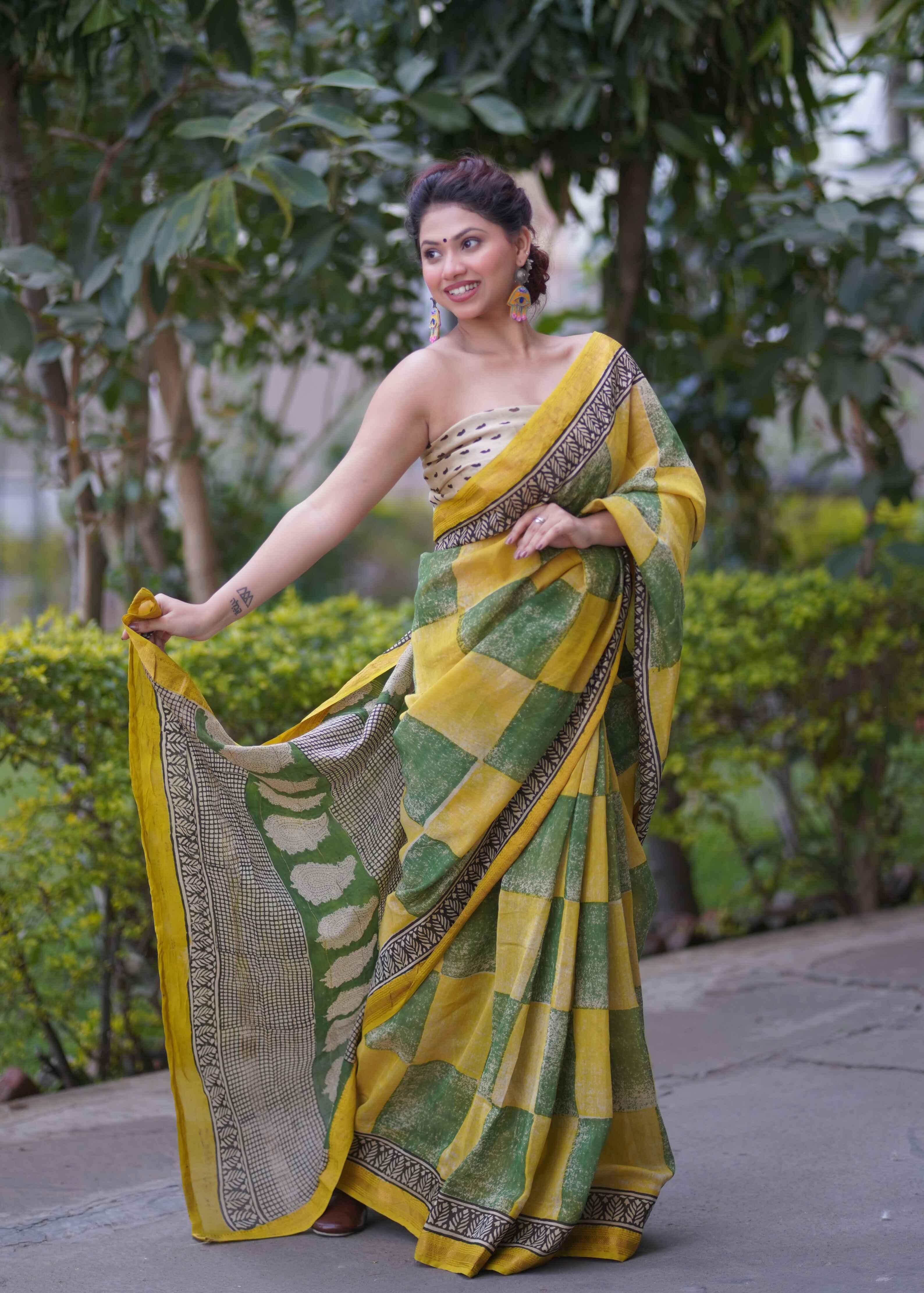 Kanakjaal- Yellow Checks Maheshwari Saree