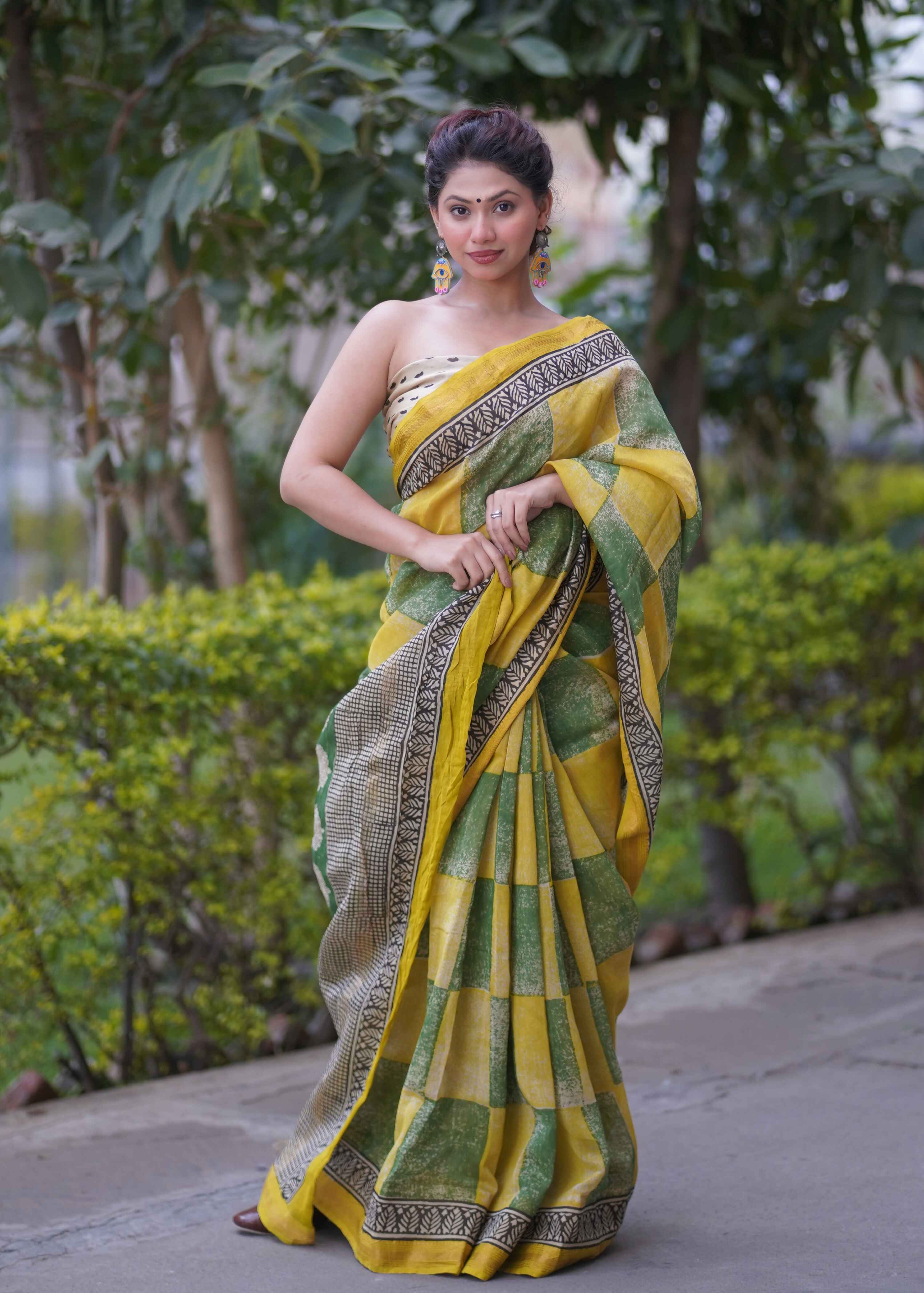 Kanakjaal- Yellow Checks Maheshwari Saree