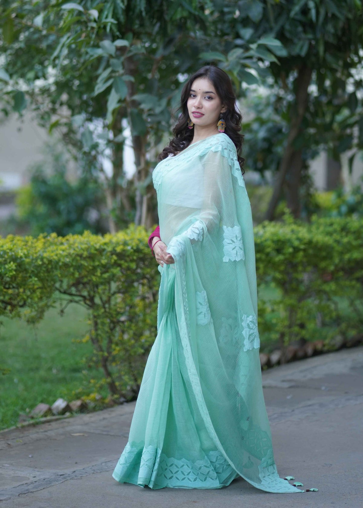 Anshika- Light Green Applique Kota Saree