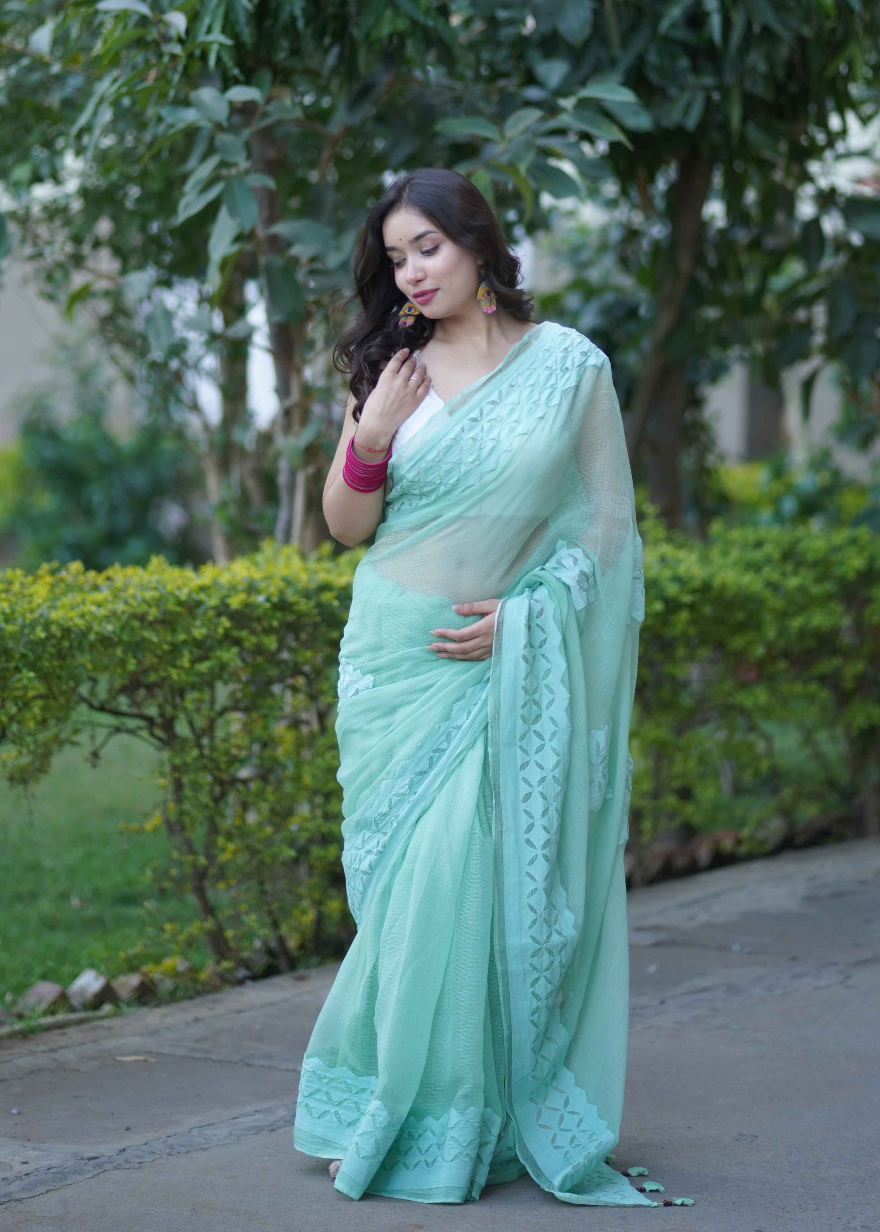 Anshika- Light Green Applique Kota Saree