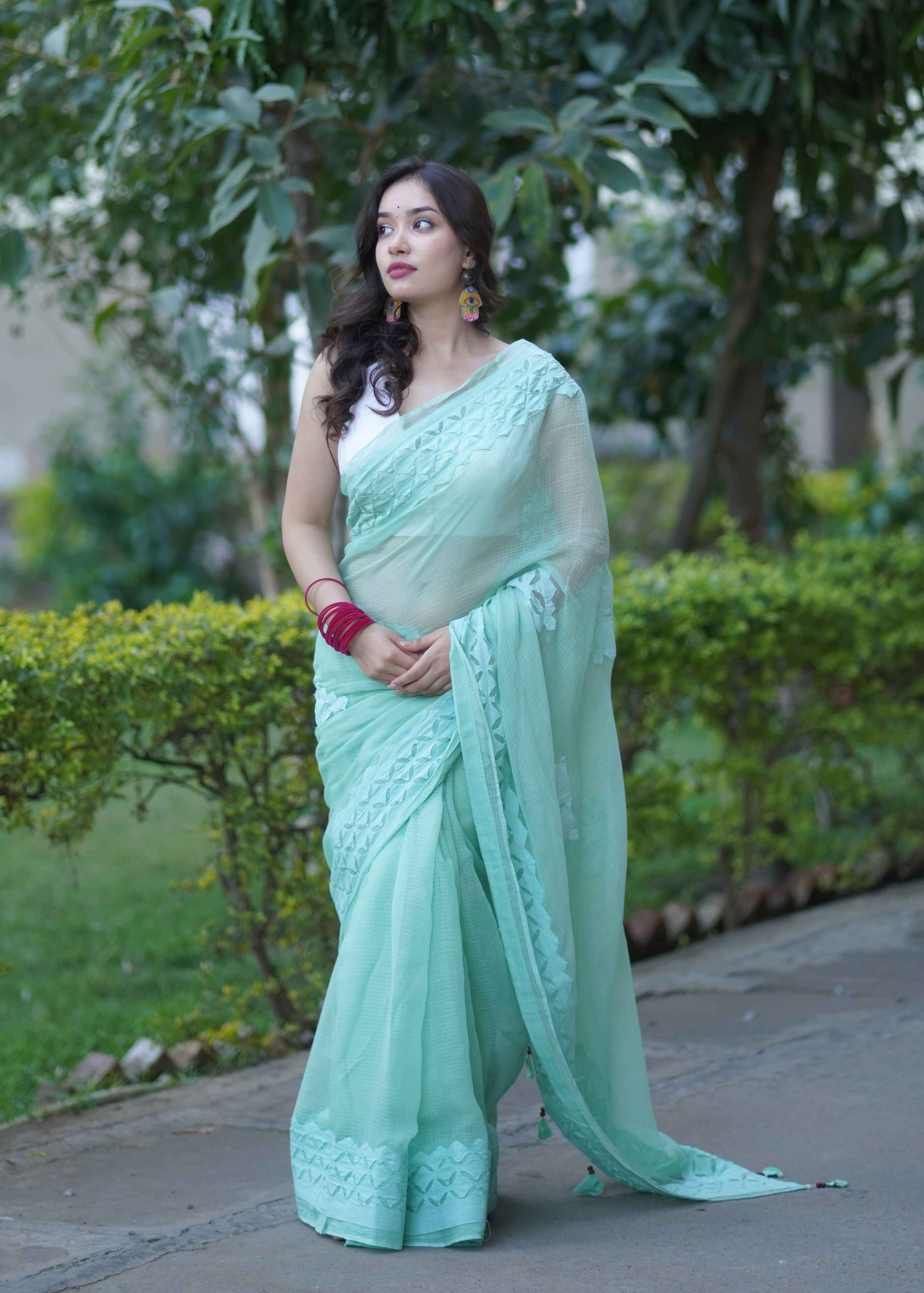 Anshika- Light Green Applique Kota Saree