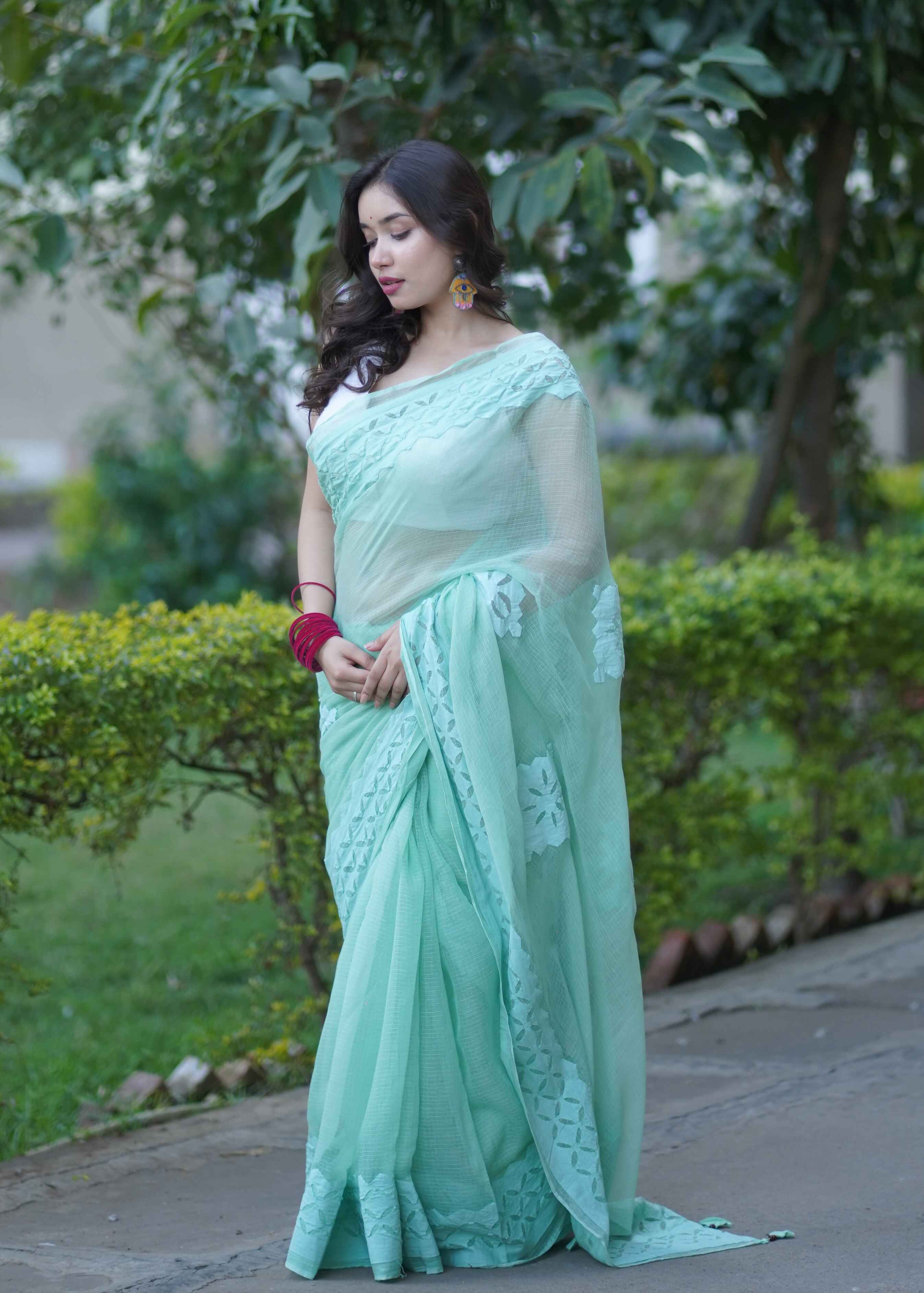 Anshika- Light Green Applique Kota Saree