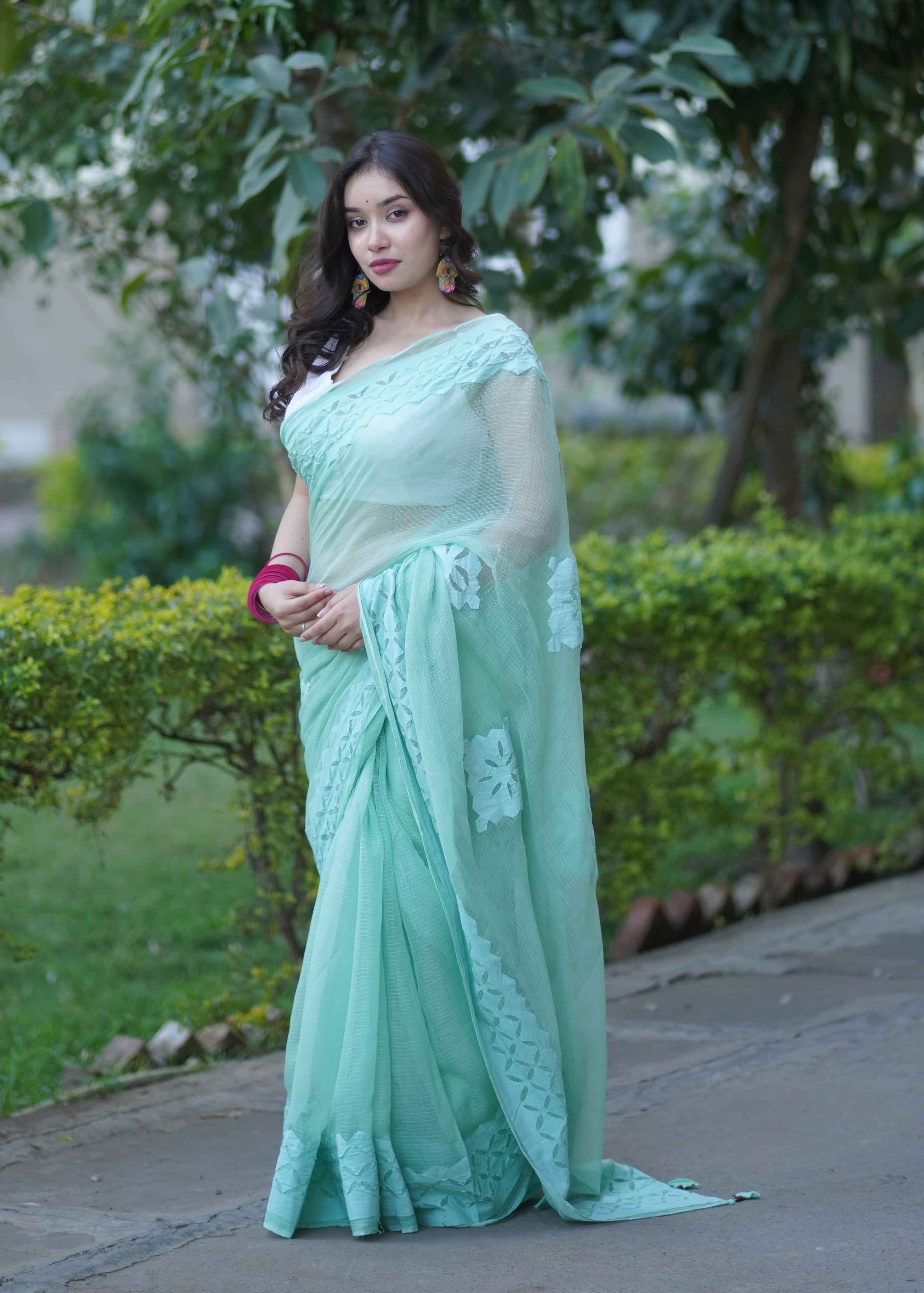 Anshika- Light Green Applique Kota Saree