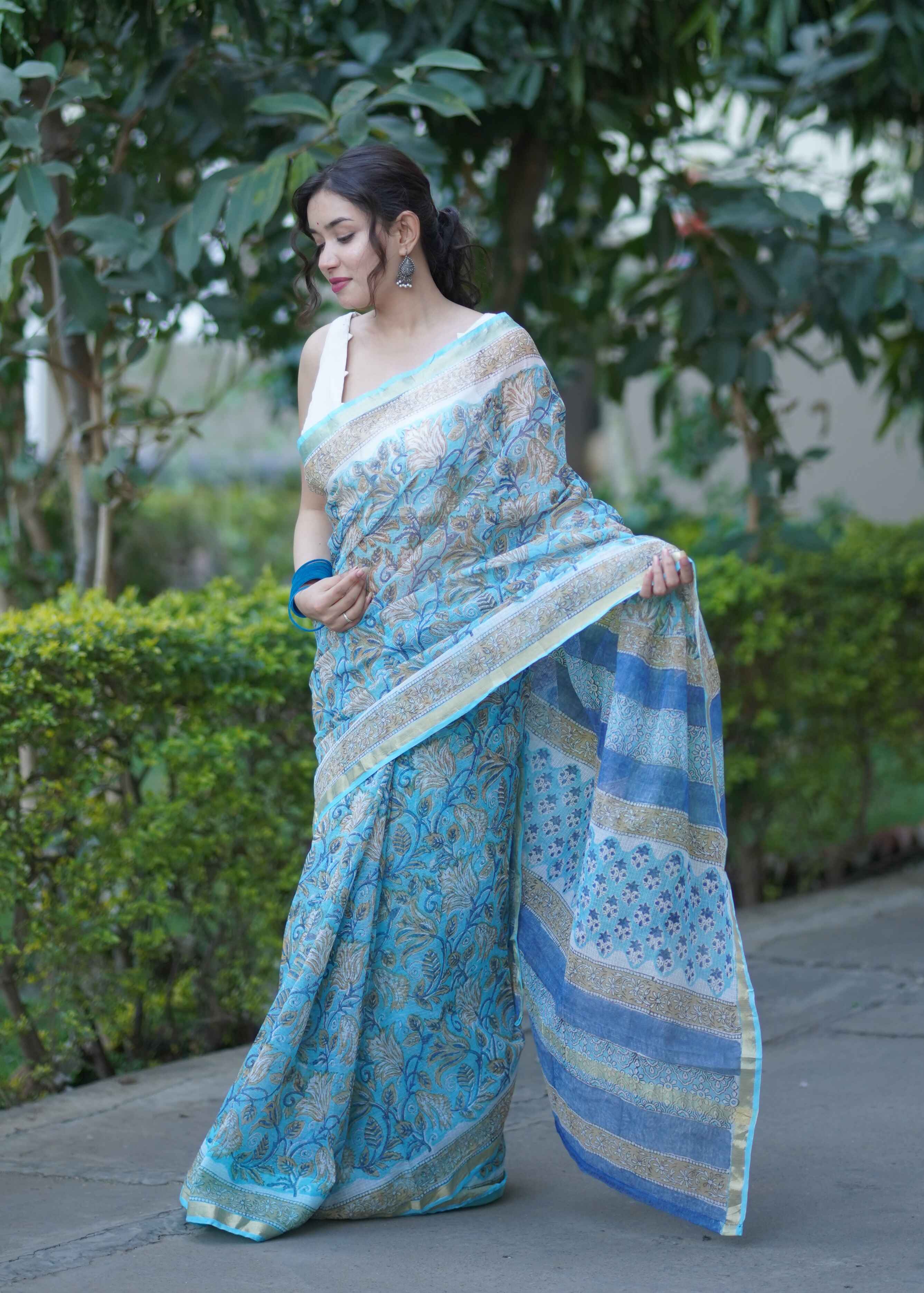 Pushpanjali - Blue Floral Kota Doria Saree