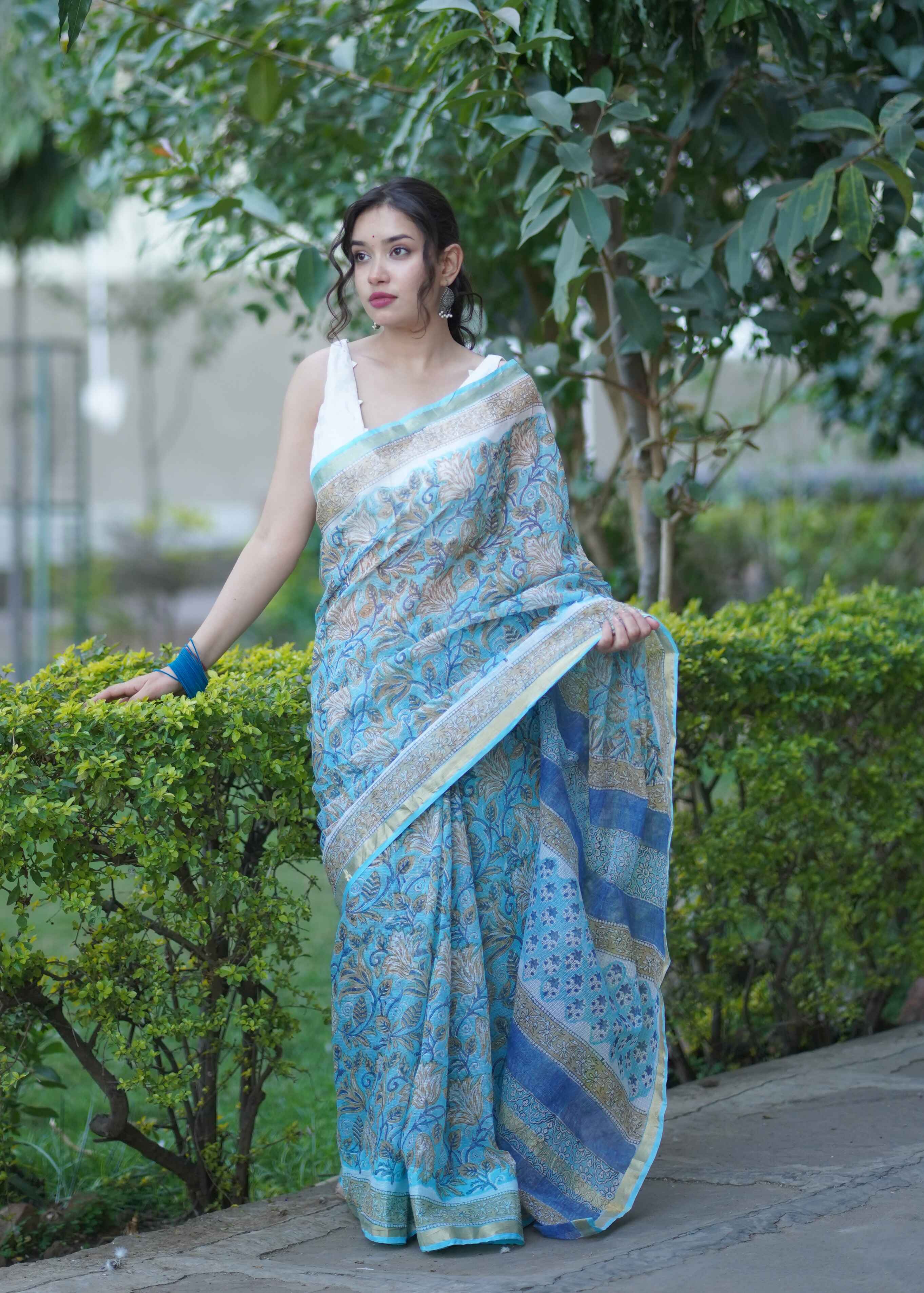 Pushpanjali - Blue Floral Kota Doria Saree