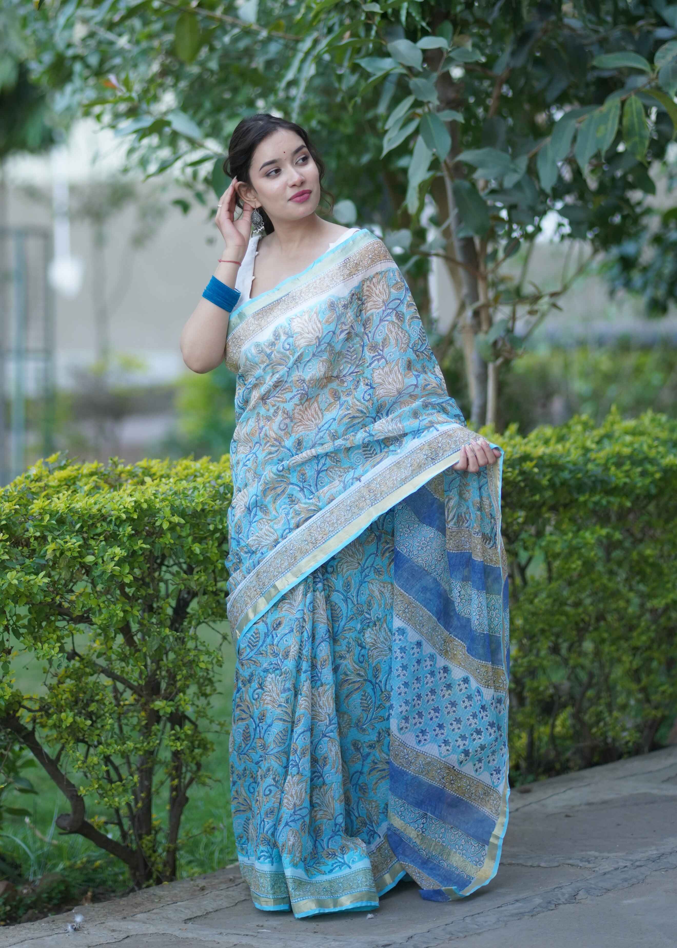 Pushpanjali - Blue Floral Kota Doria Saree