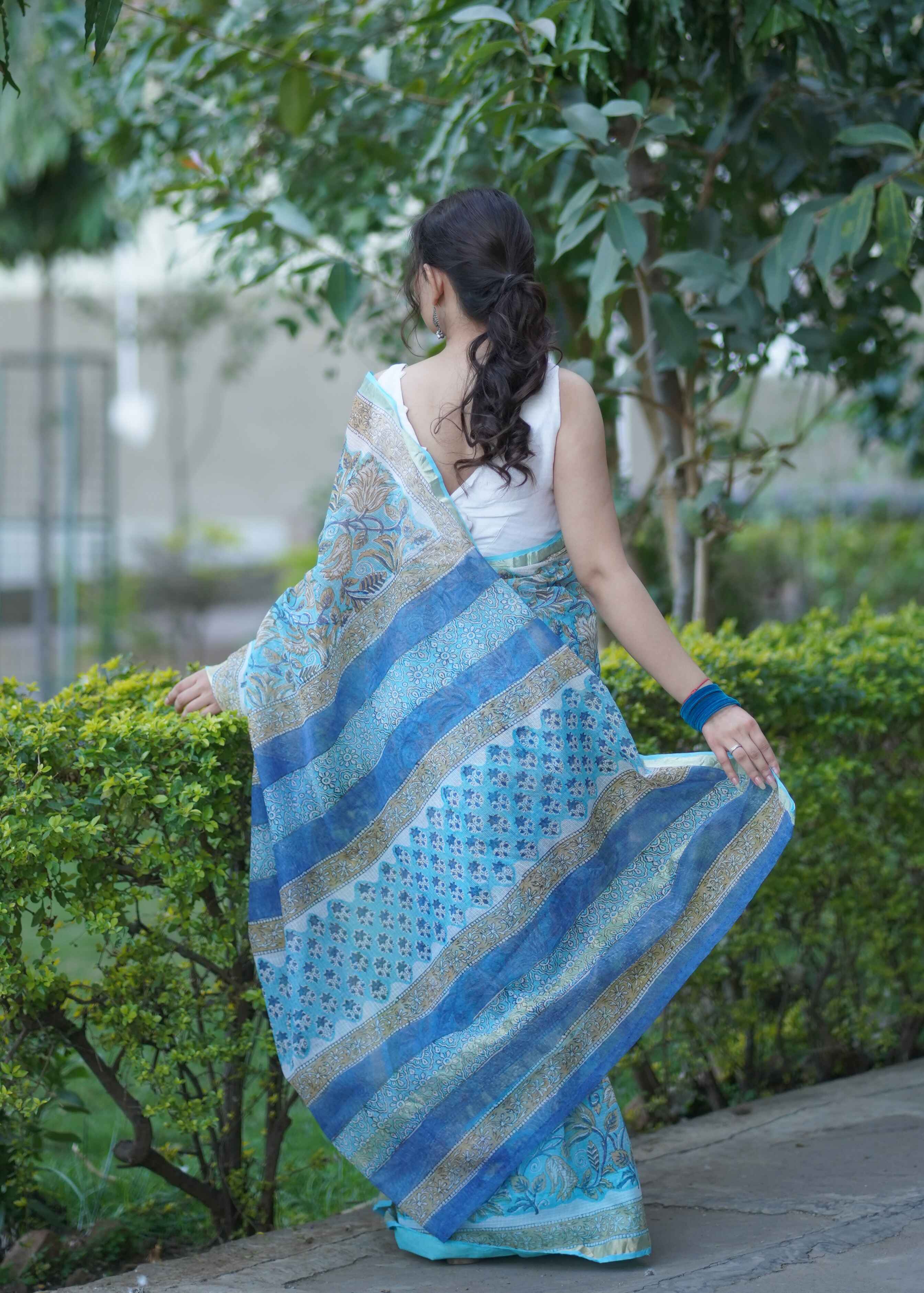 Pushpanjali - Blue Floral Kota Doria Saree