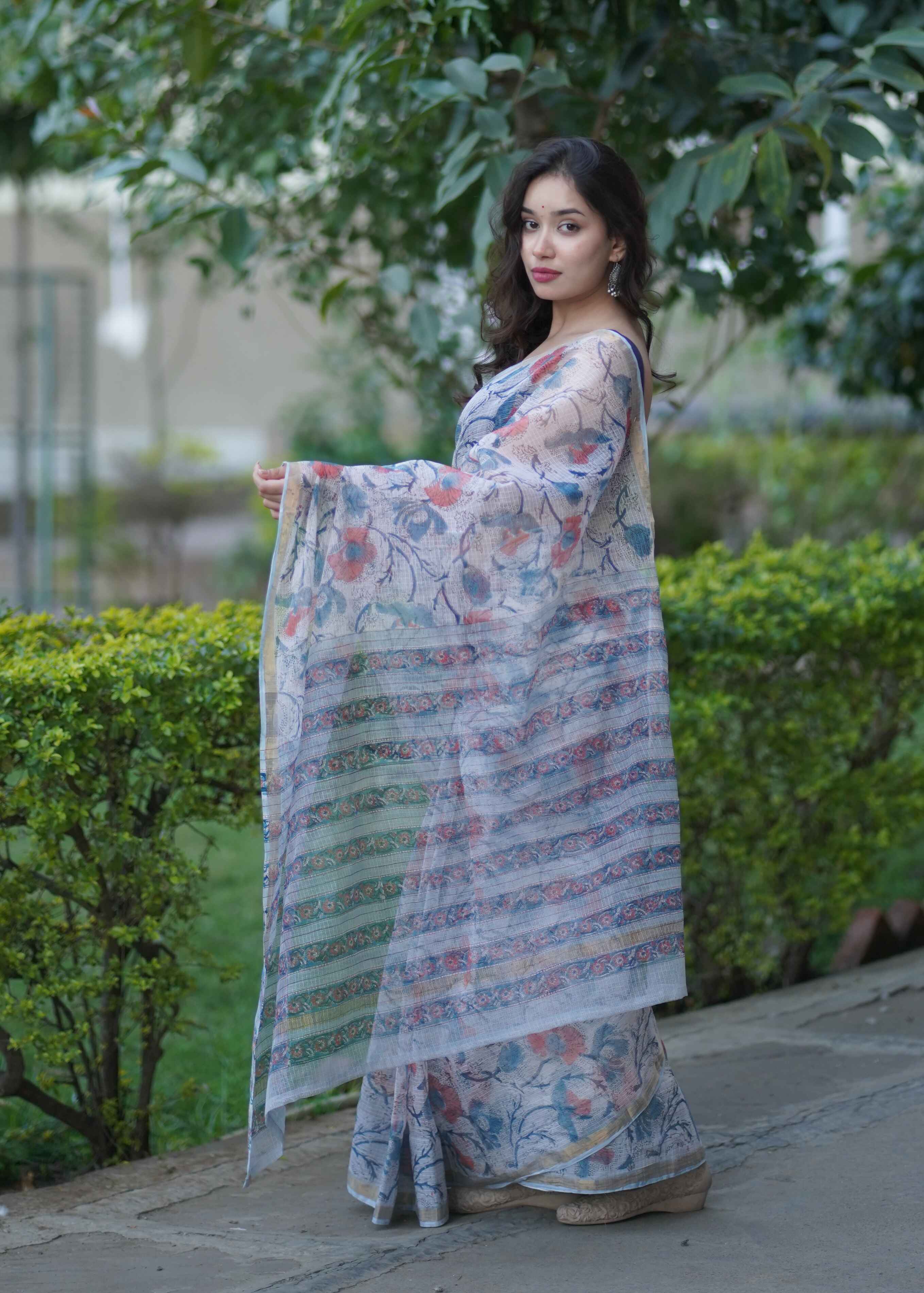 Kshitija- White Floral Kota Doria Saree