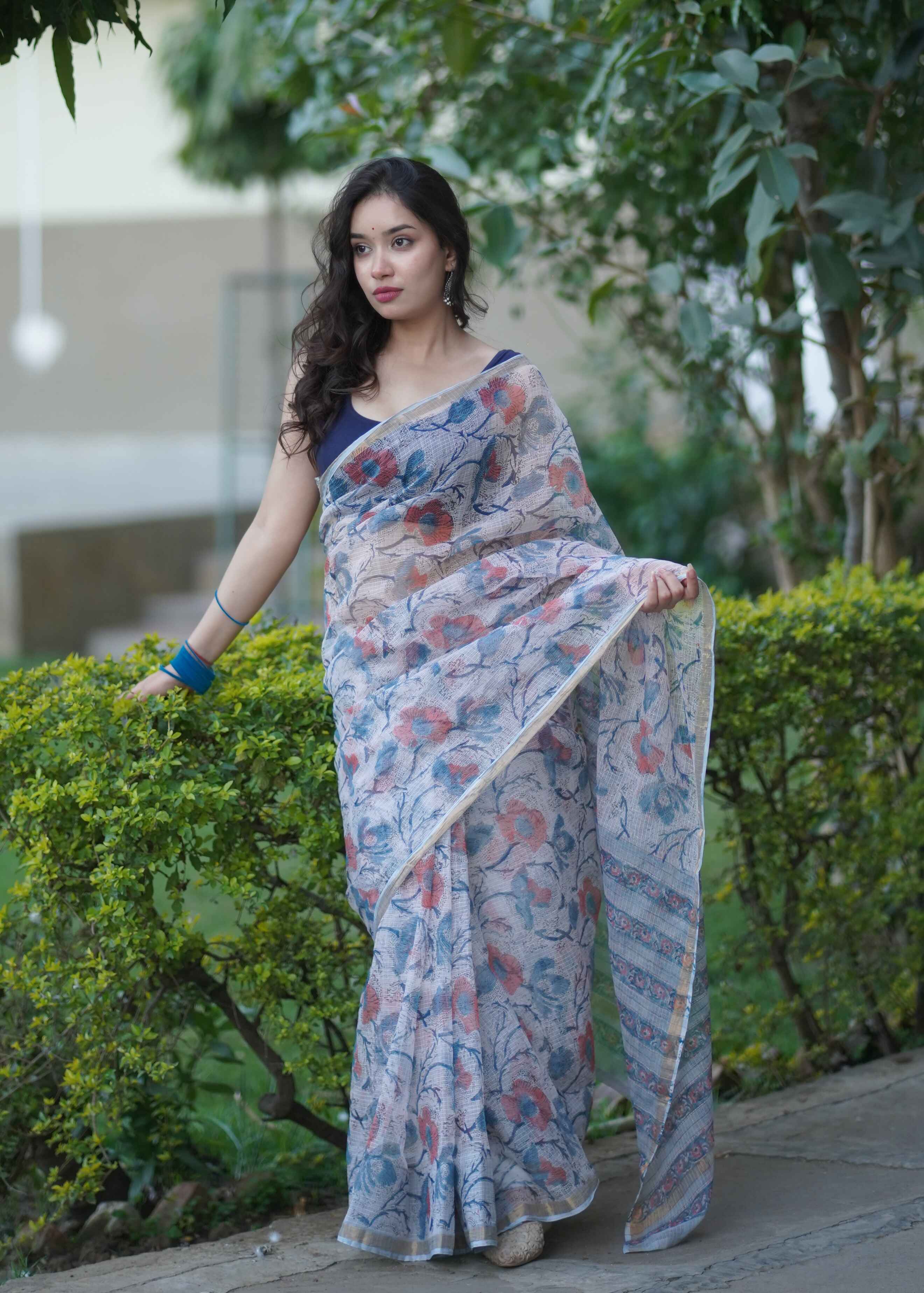 Kshitija- White Floral Kota Doria Saree