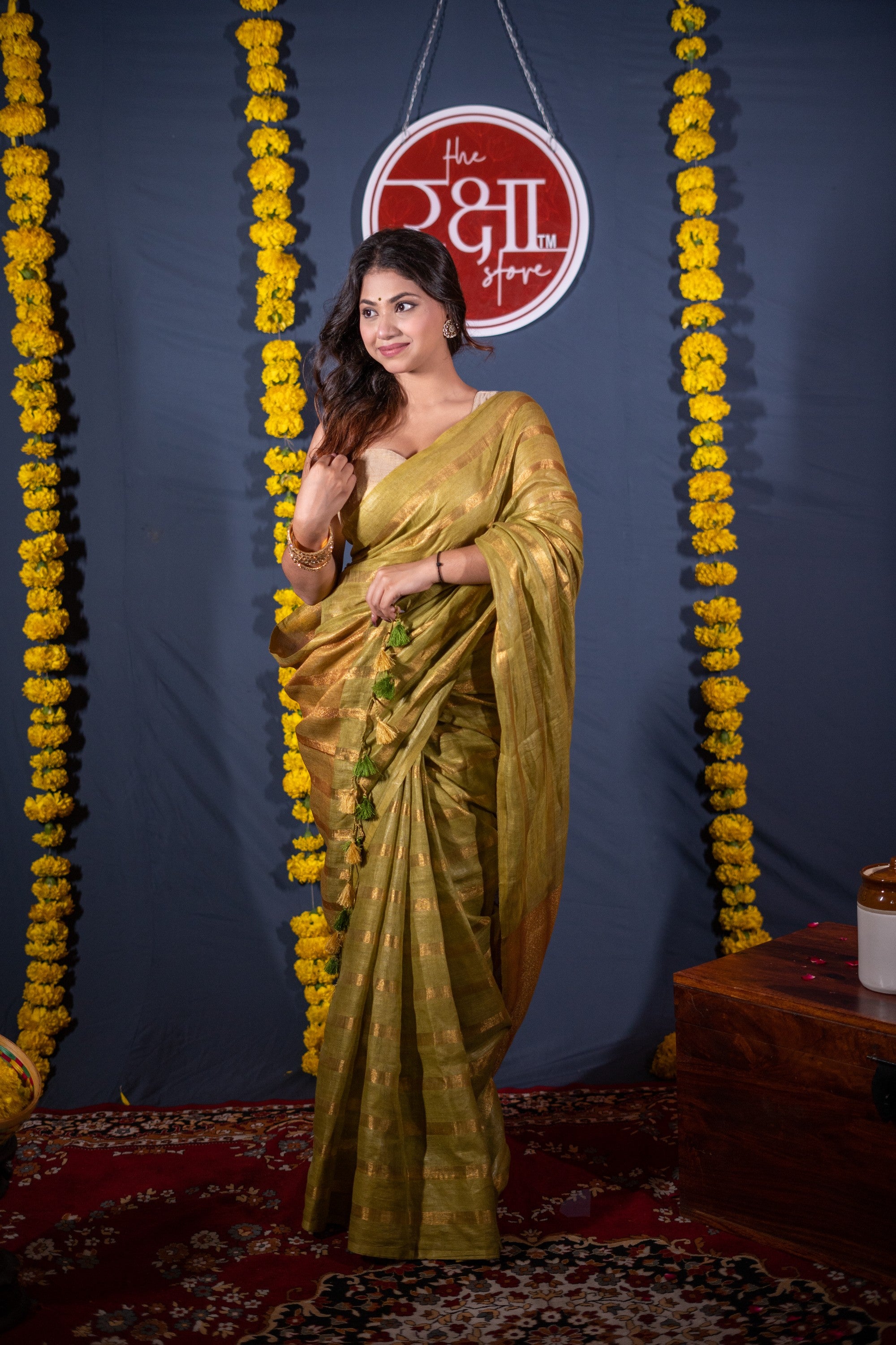 Swarnrekha- Green Striped Linen Saree