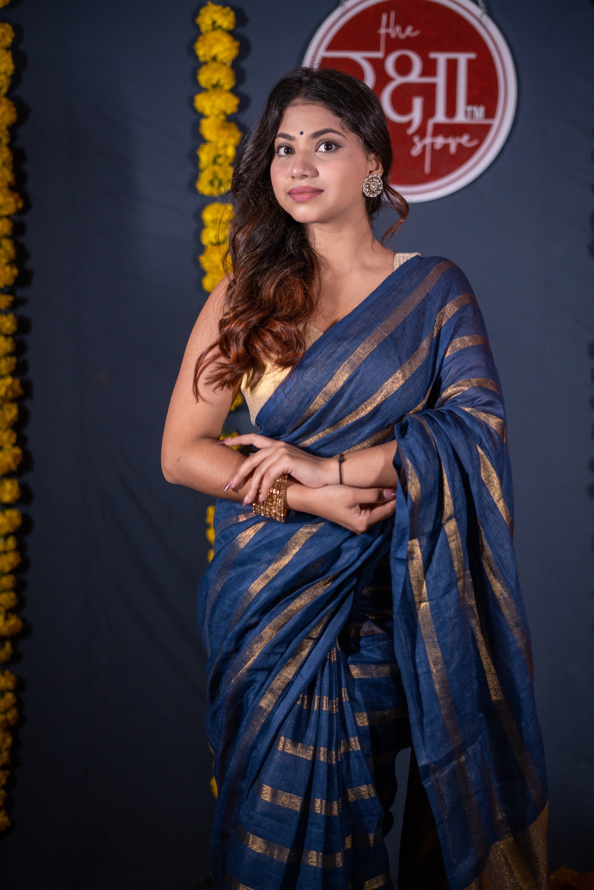 Mridula- Blue Striped Linen Saree