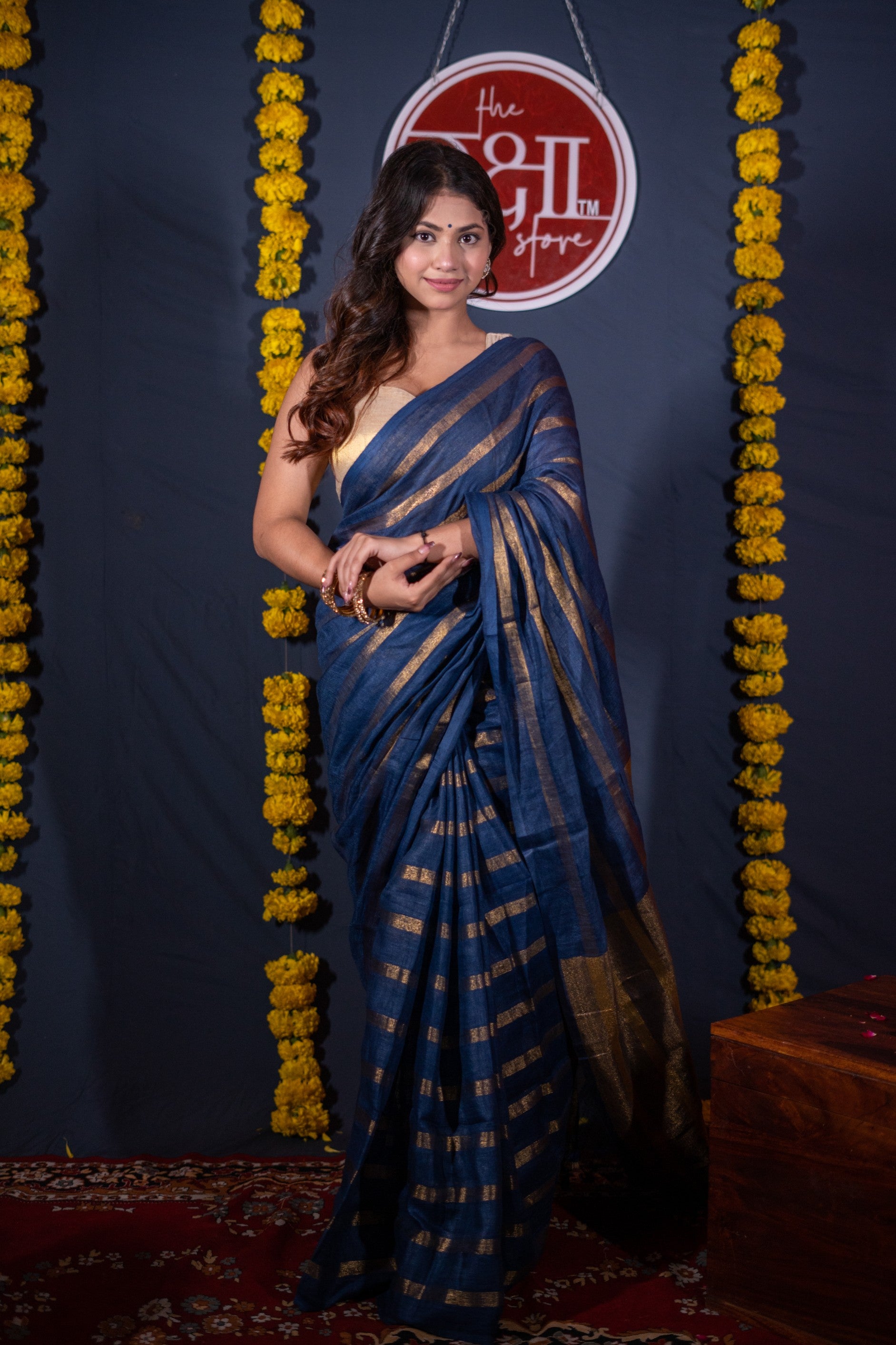 Mridula- Blue Striped Linen Saree