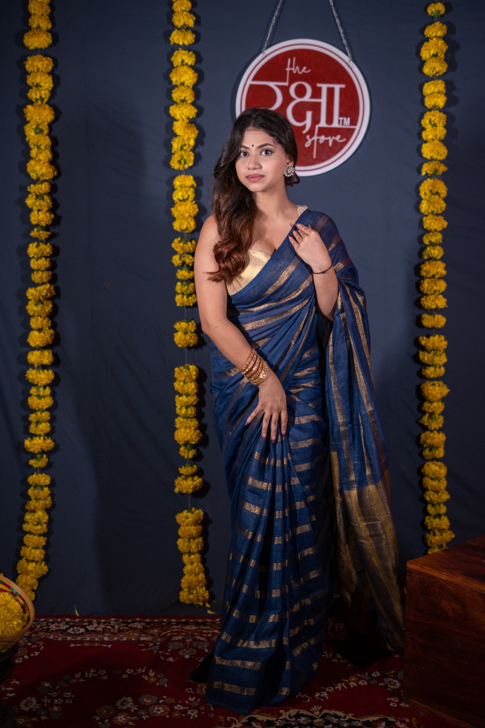 Mridula- Blue Striped Linen Saree