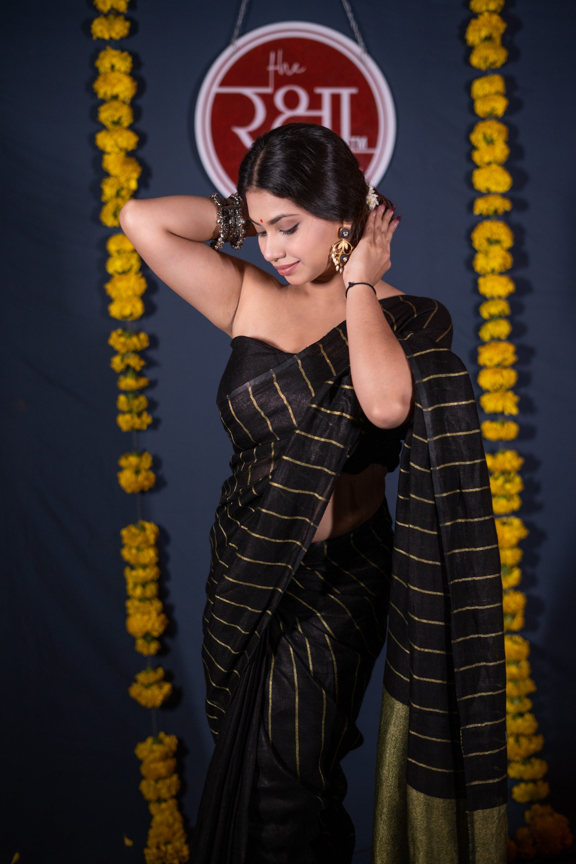 Tarushree- Striped Black Linen Saree