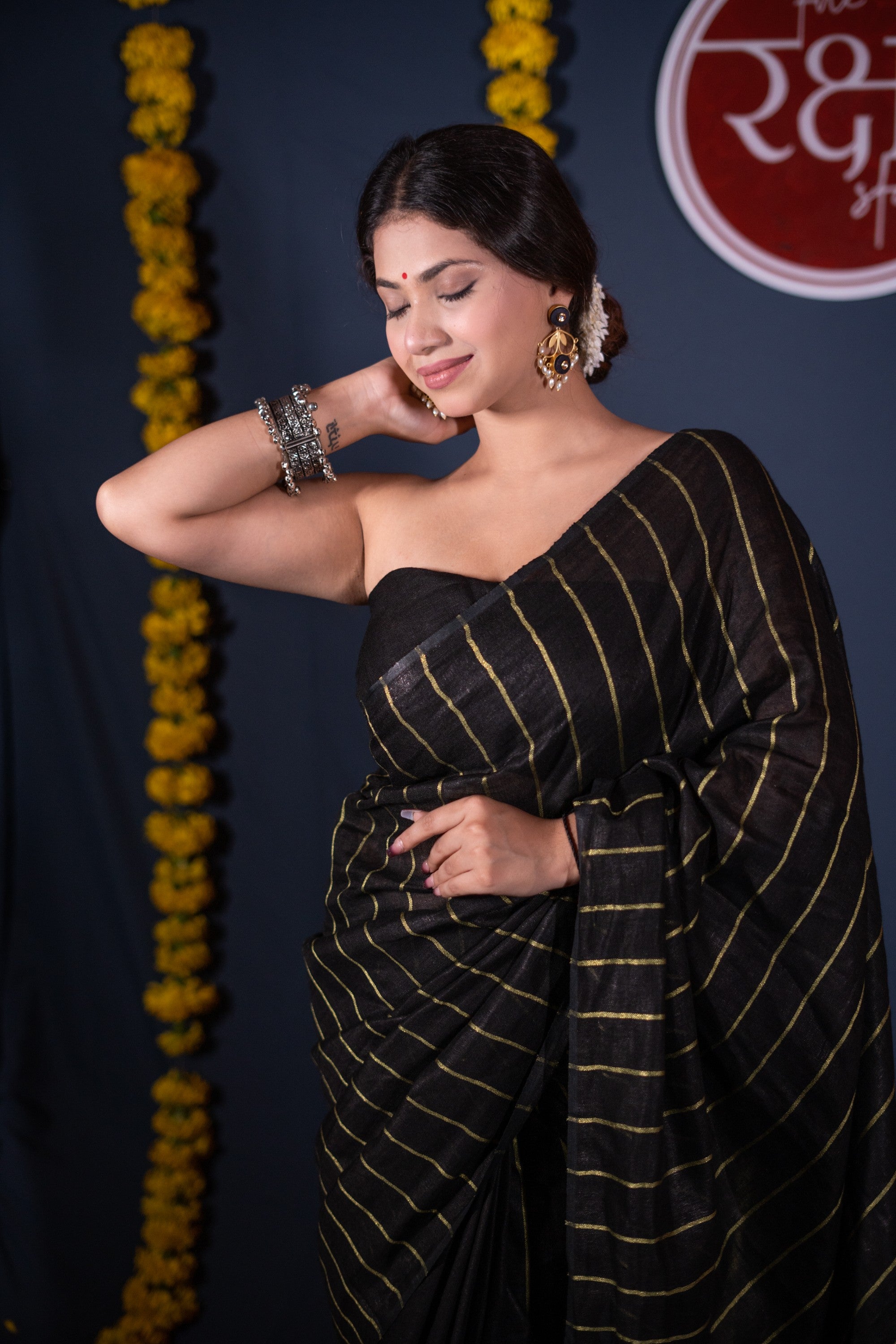 Tarushree- Striped Black Linen Saree