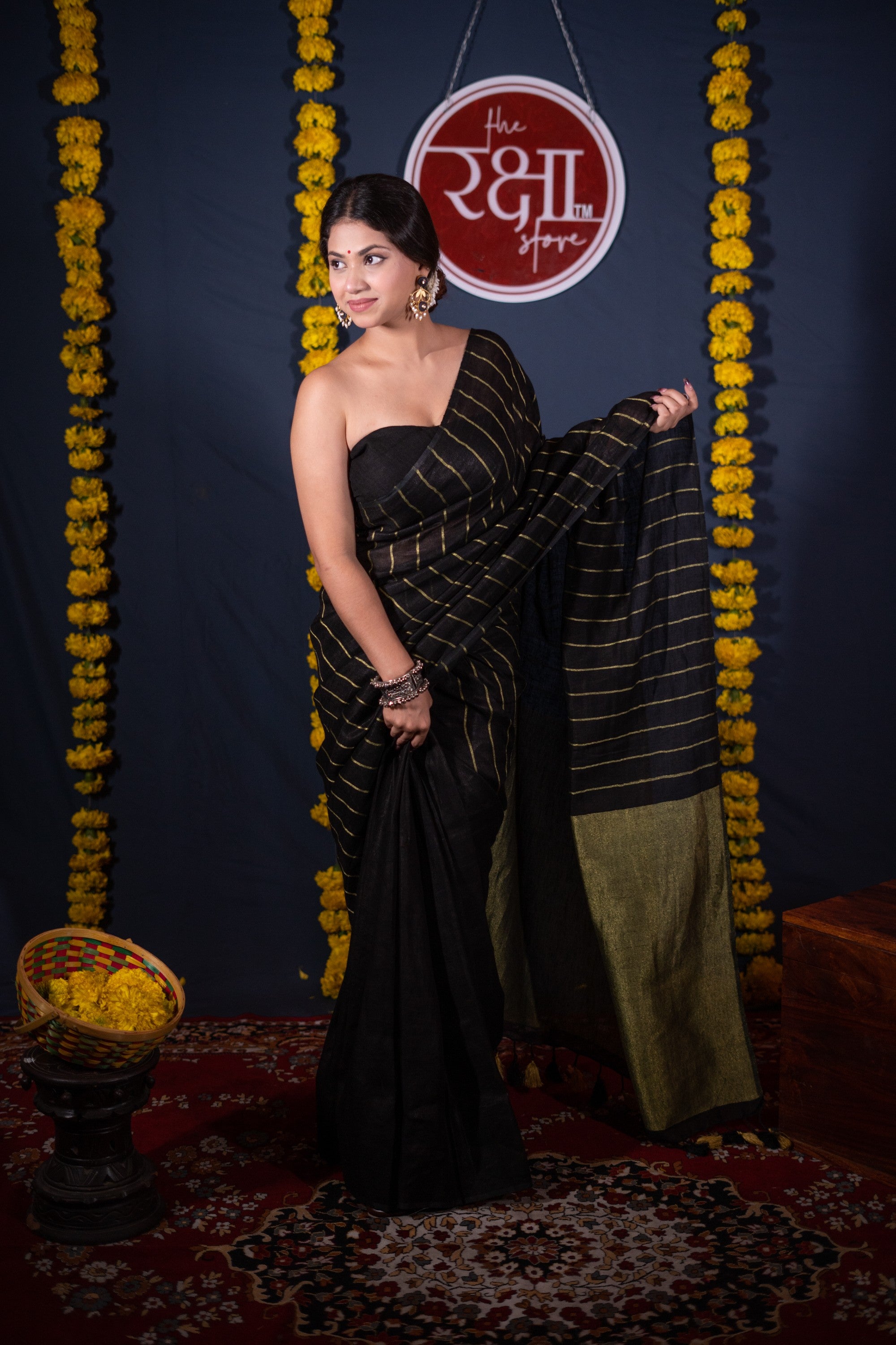 Tarushree- Striped Black Linen Saree