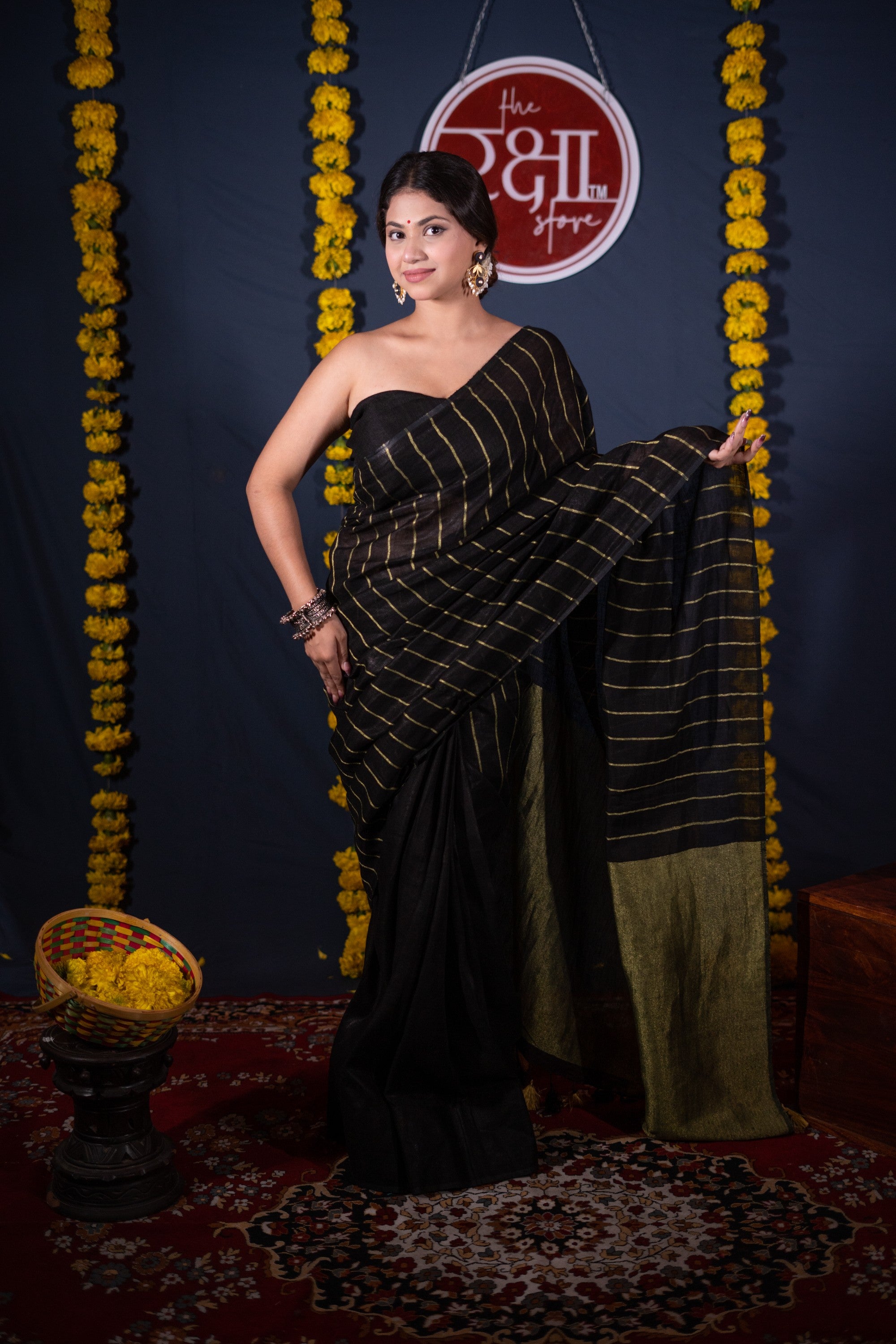 Tarushree- Striped Black Linen Saree