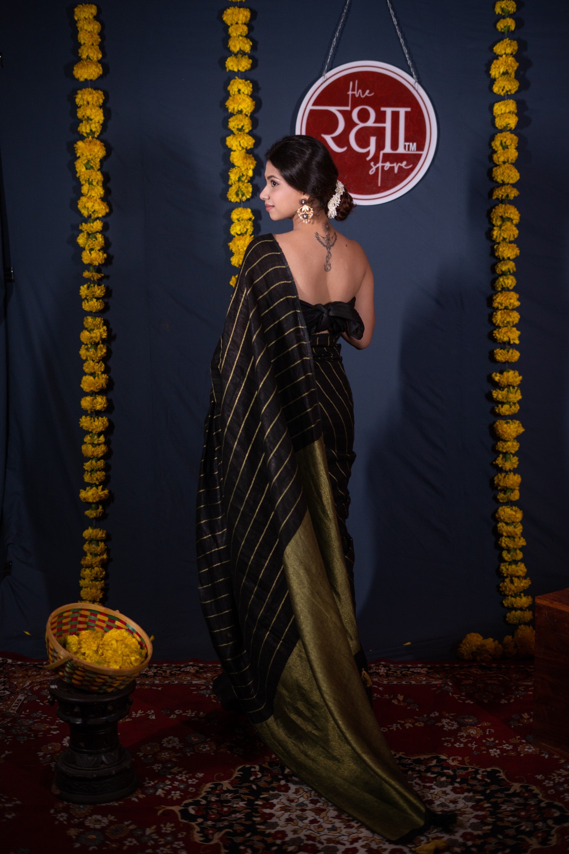 Tarushree- Striped Black Linen Saree