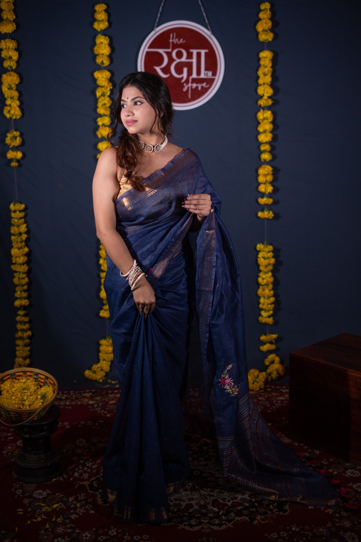 Chirprabha- Blue Floral Silk Linen Saree