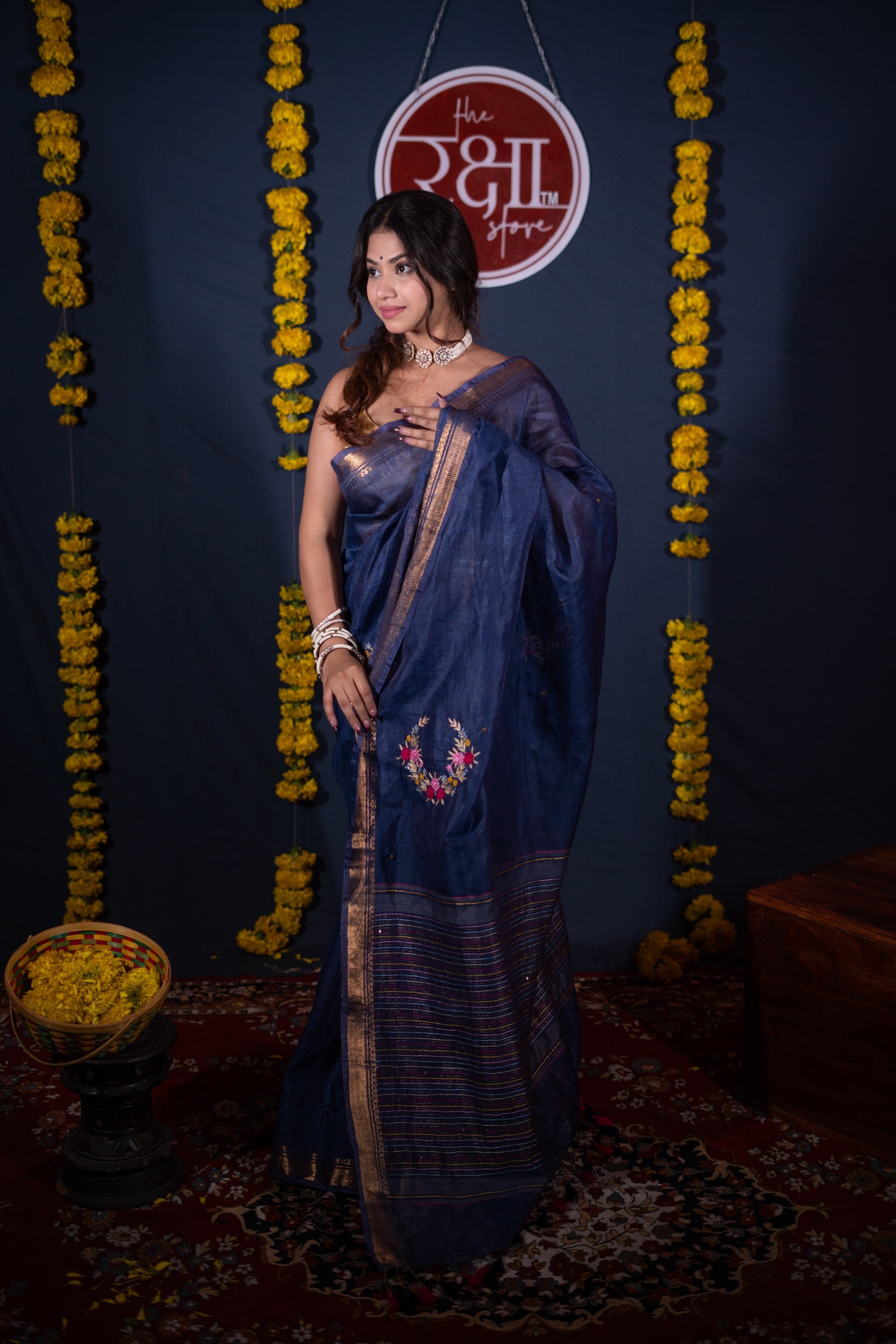 Chirprabha- Blue Floral Silk Linen Saree