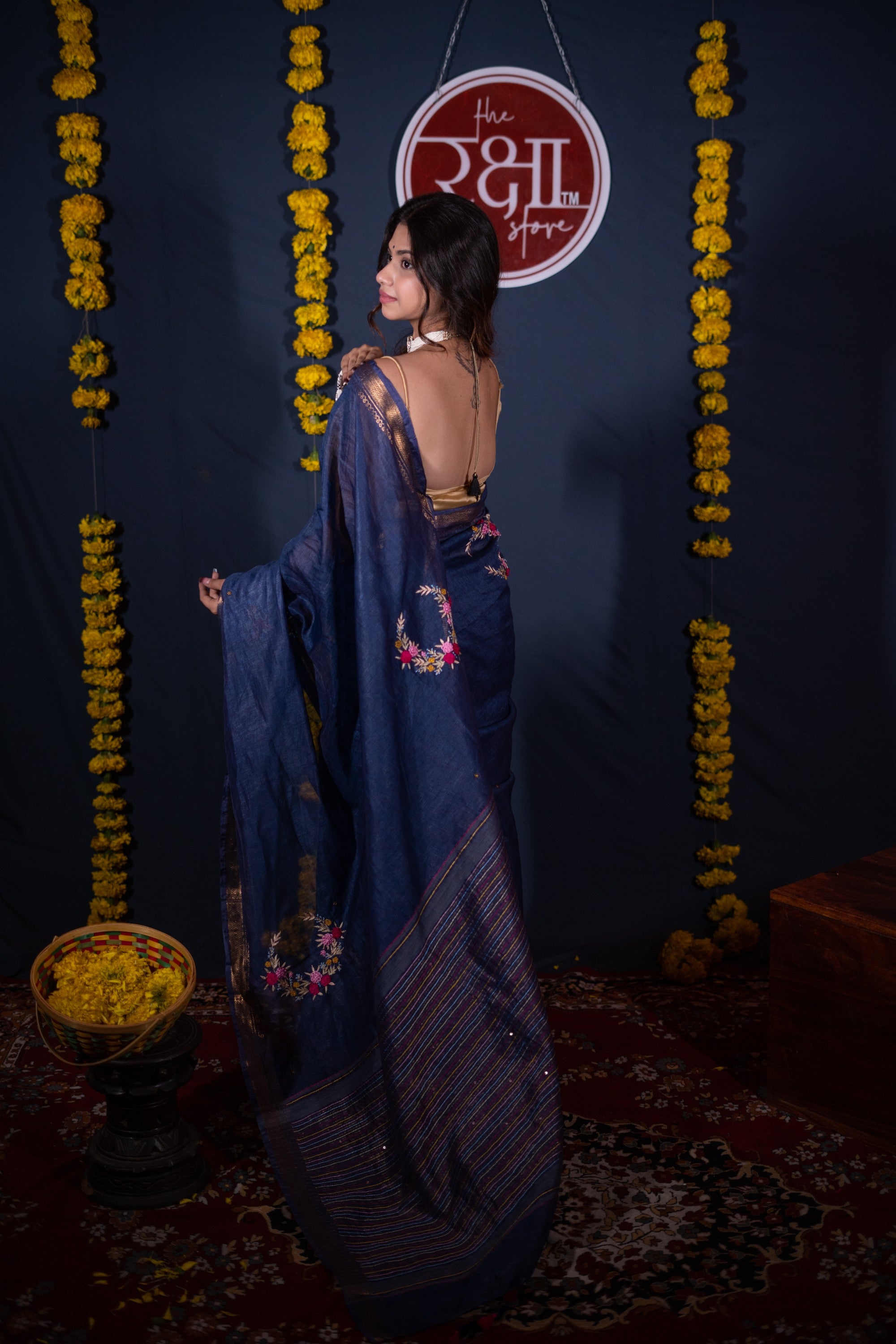 Chirprabha- Blue Floral Silk Linen Saree