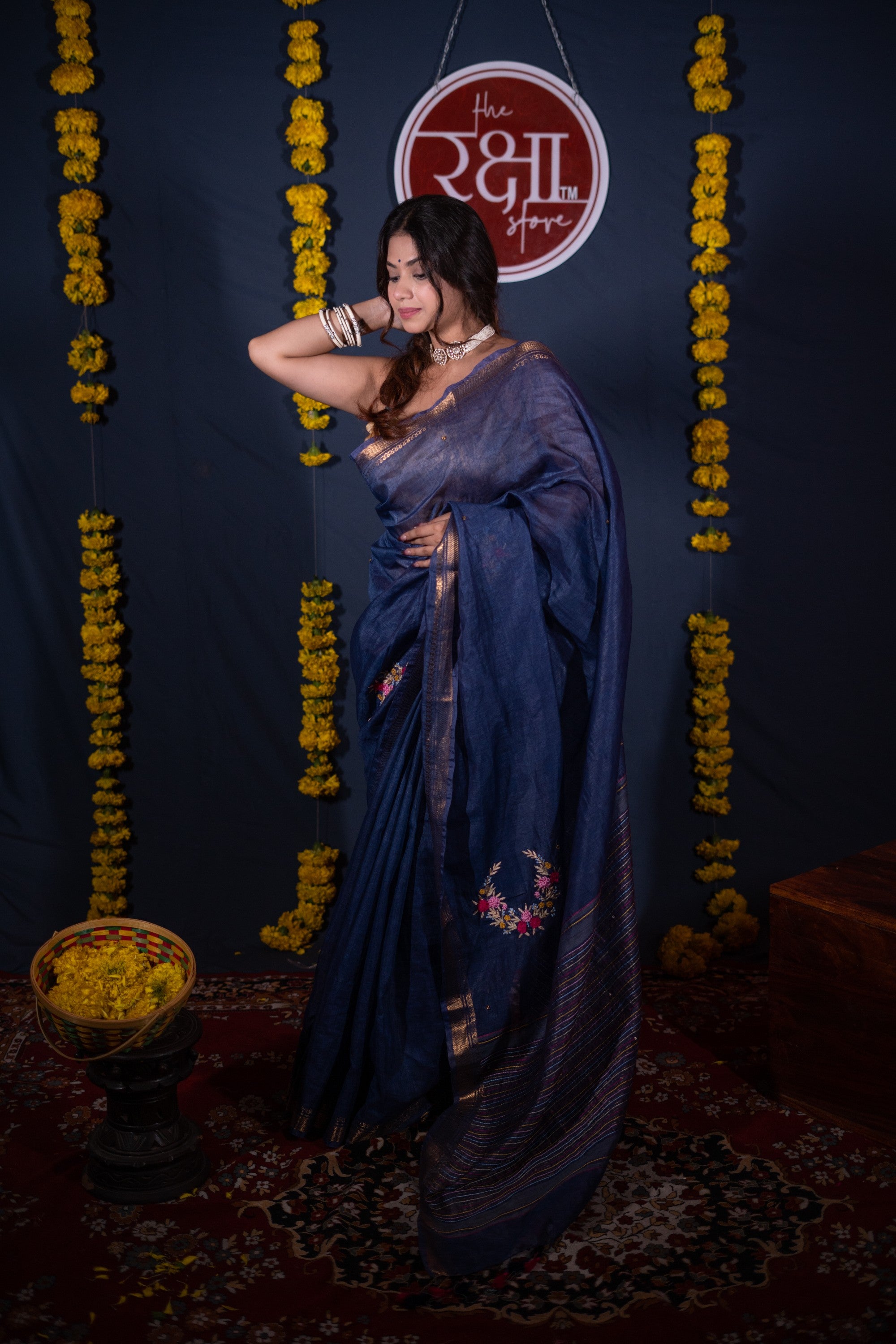 Chirprabha- Blue Floral Silk Linen Saree