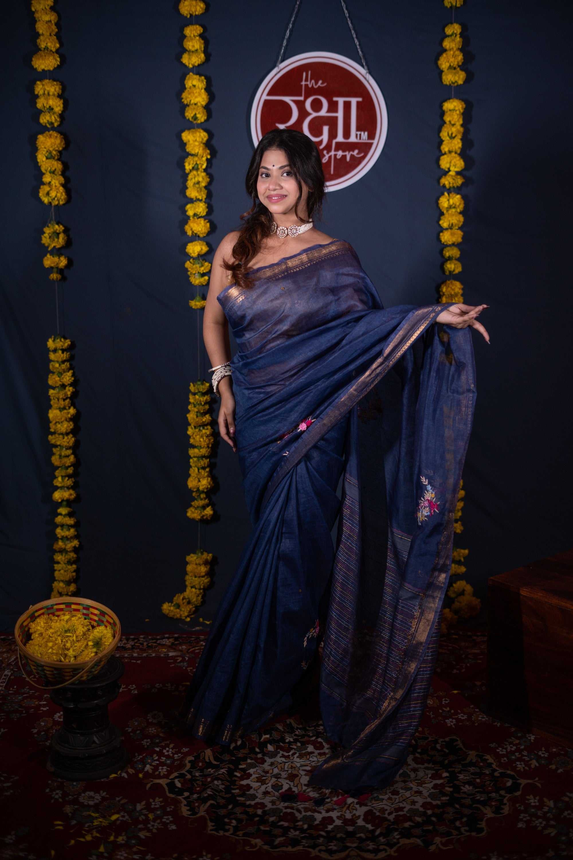 Chirprabha- Blue Floral Silk Linen Saree