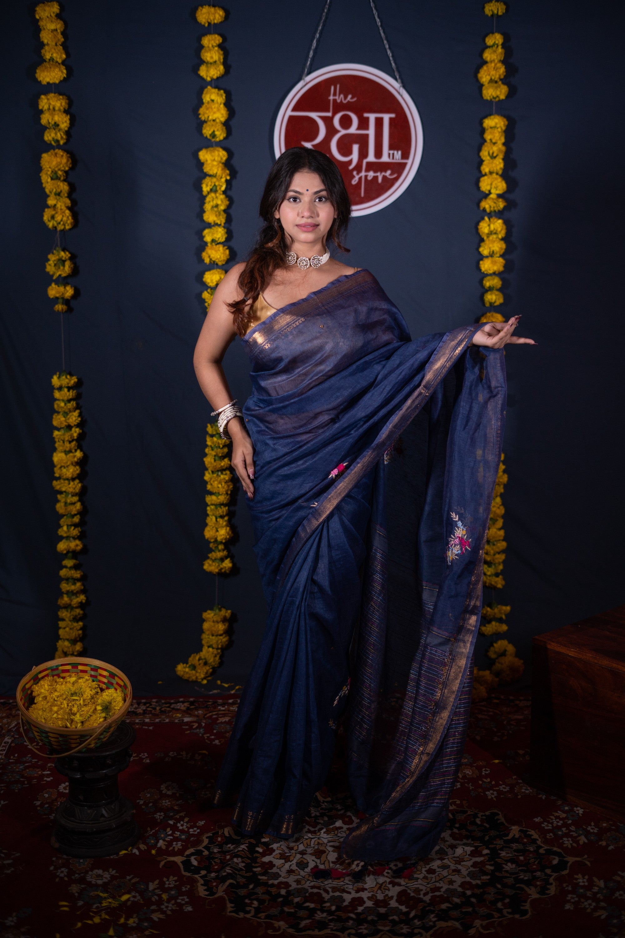 Chirprabha- Blue Floral Silk Linen Saree