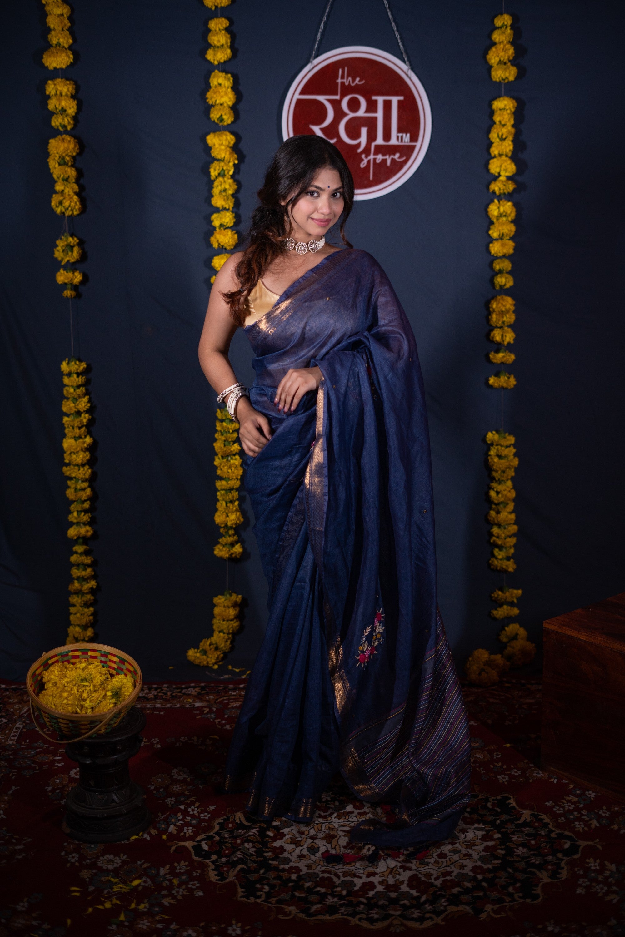 Chirprabha- Blue Floral Silk Linen Saree