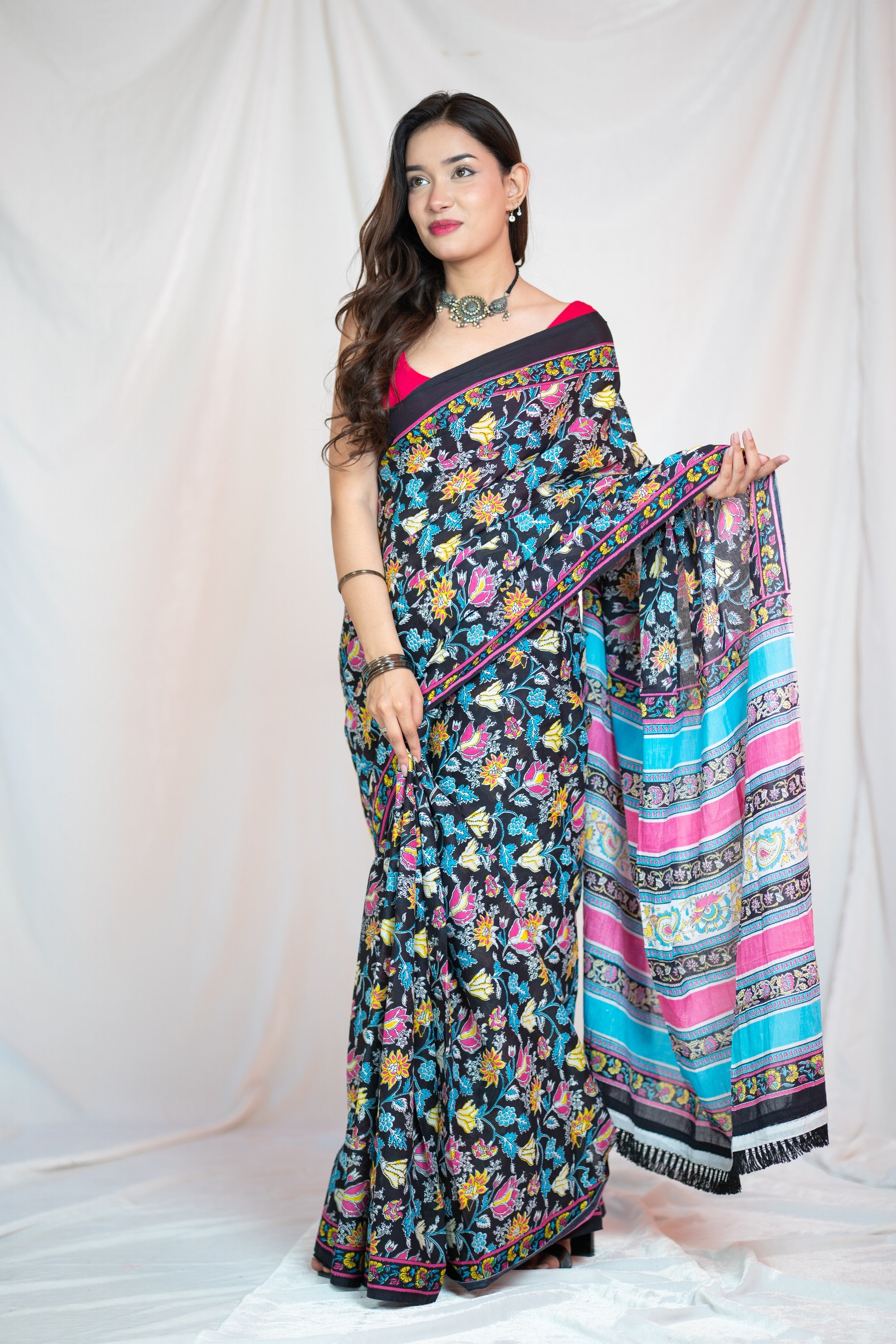 Charlotte- Black Floral Mul Cotton Saree