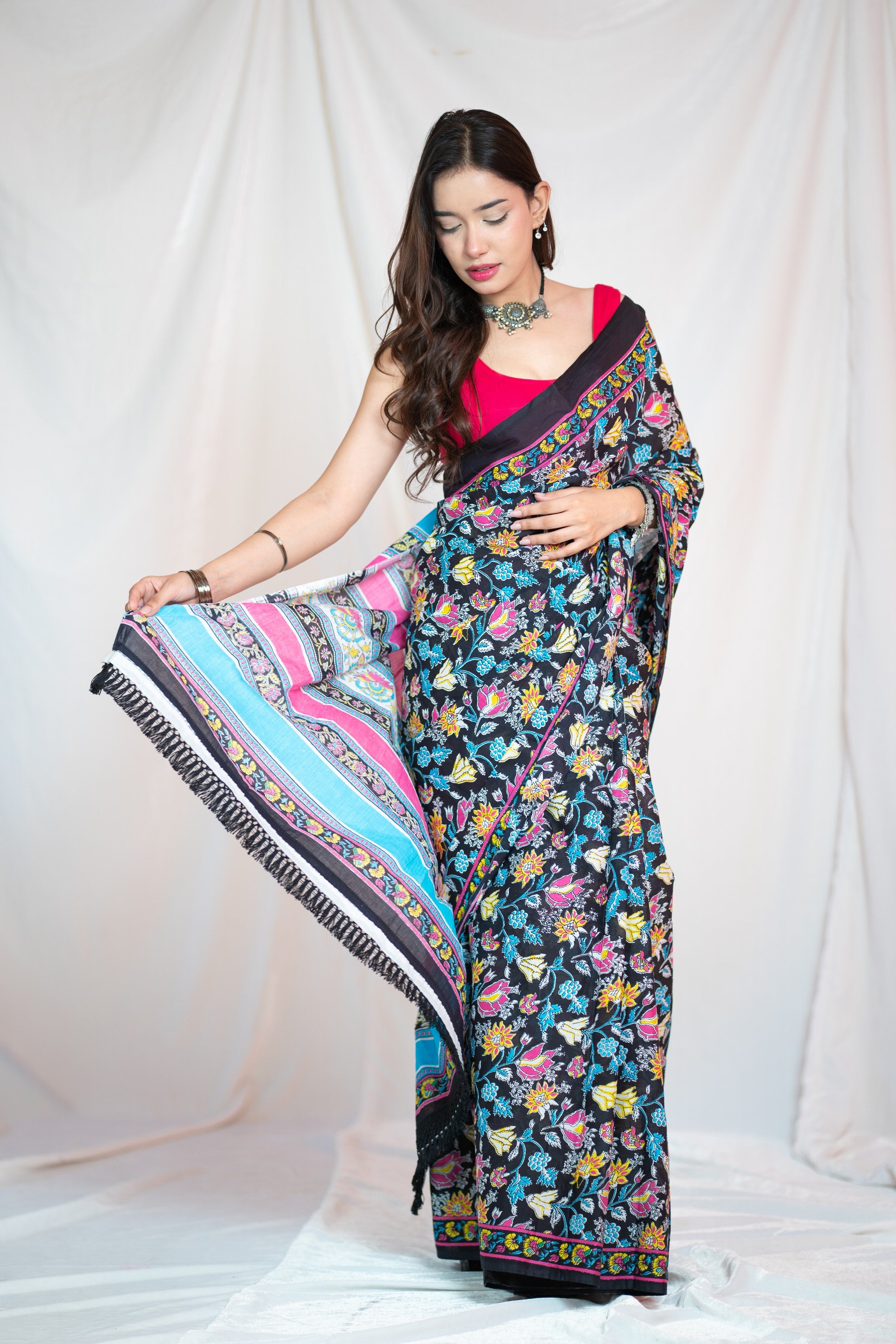 Charlotte- Black Floral Mul Cotton Saree