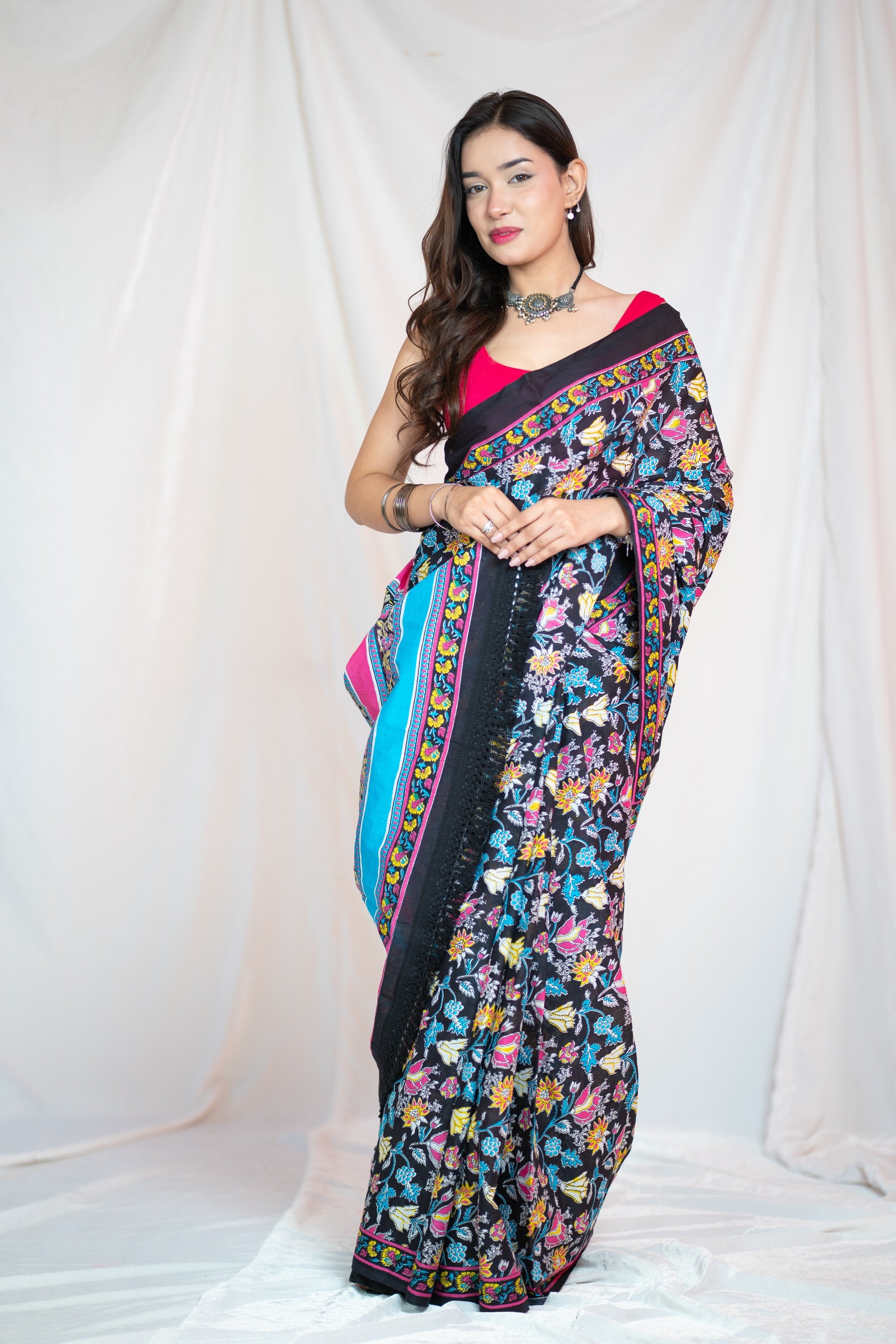 Charlotte- Black Floral Mul Cotton Saree