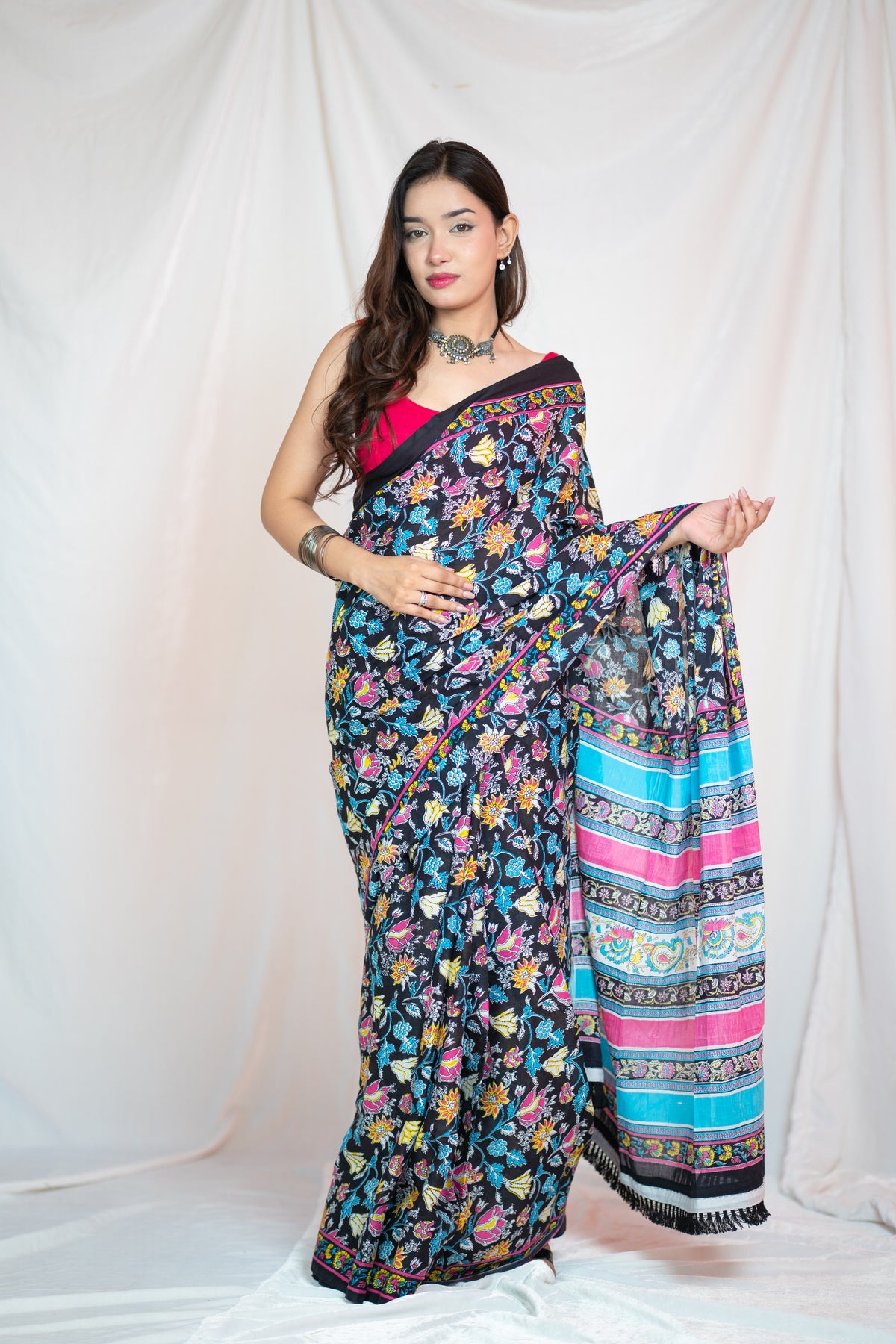 Charlotte- Black Floral Mul Cotton Saree