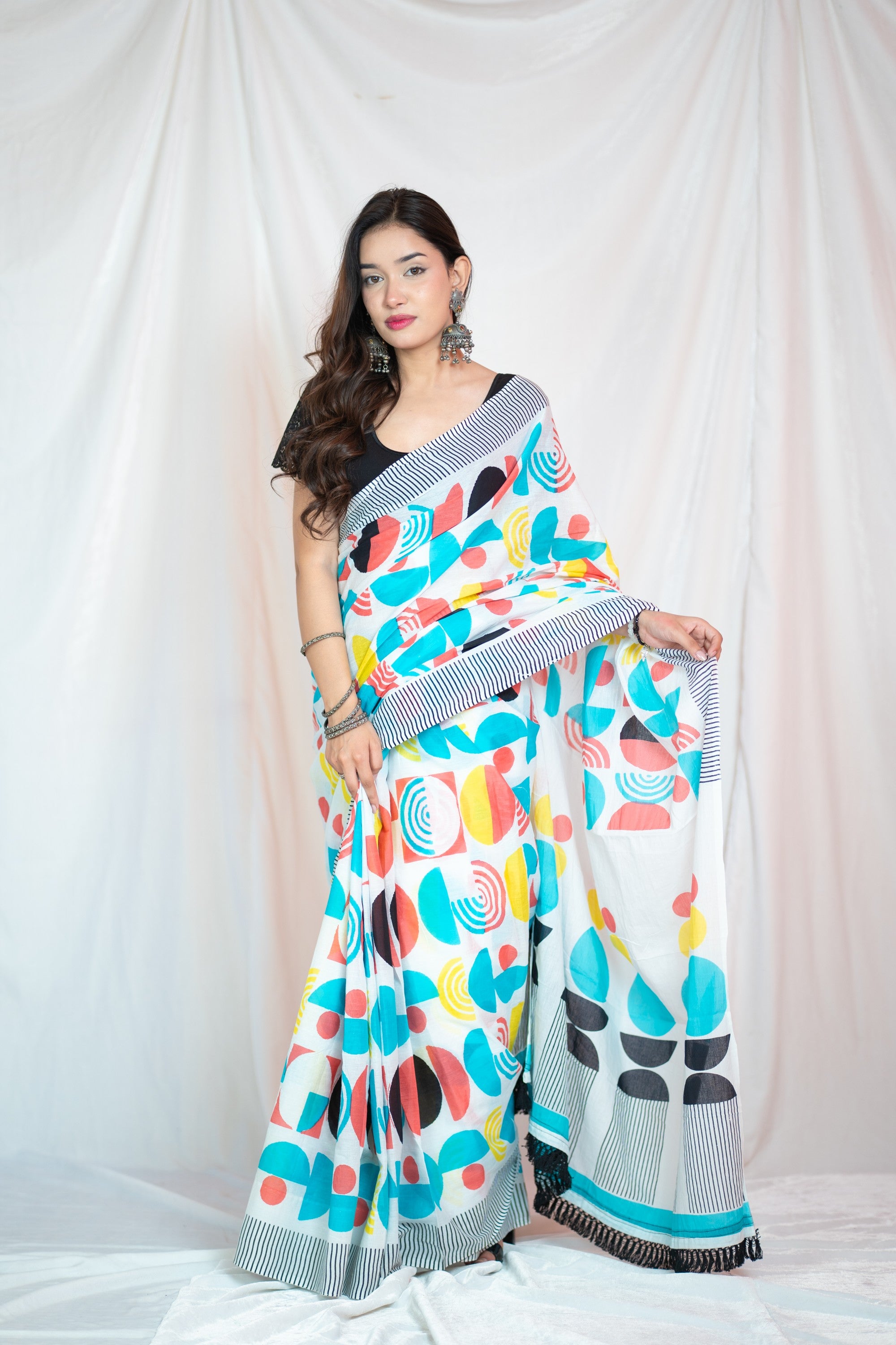 White Orbit- Block Printed Mul Saree