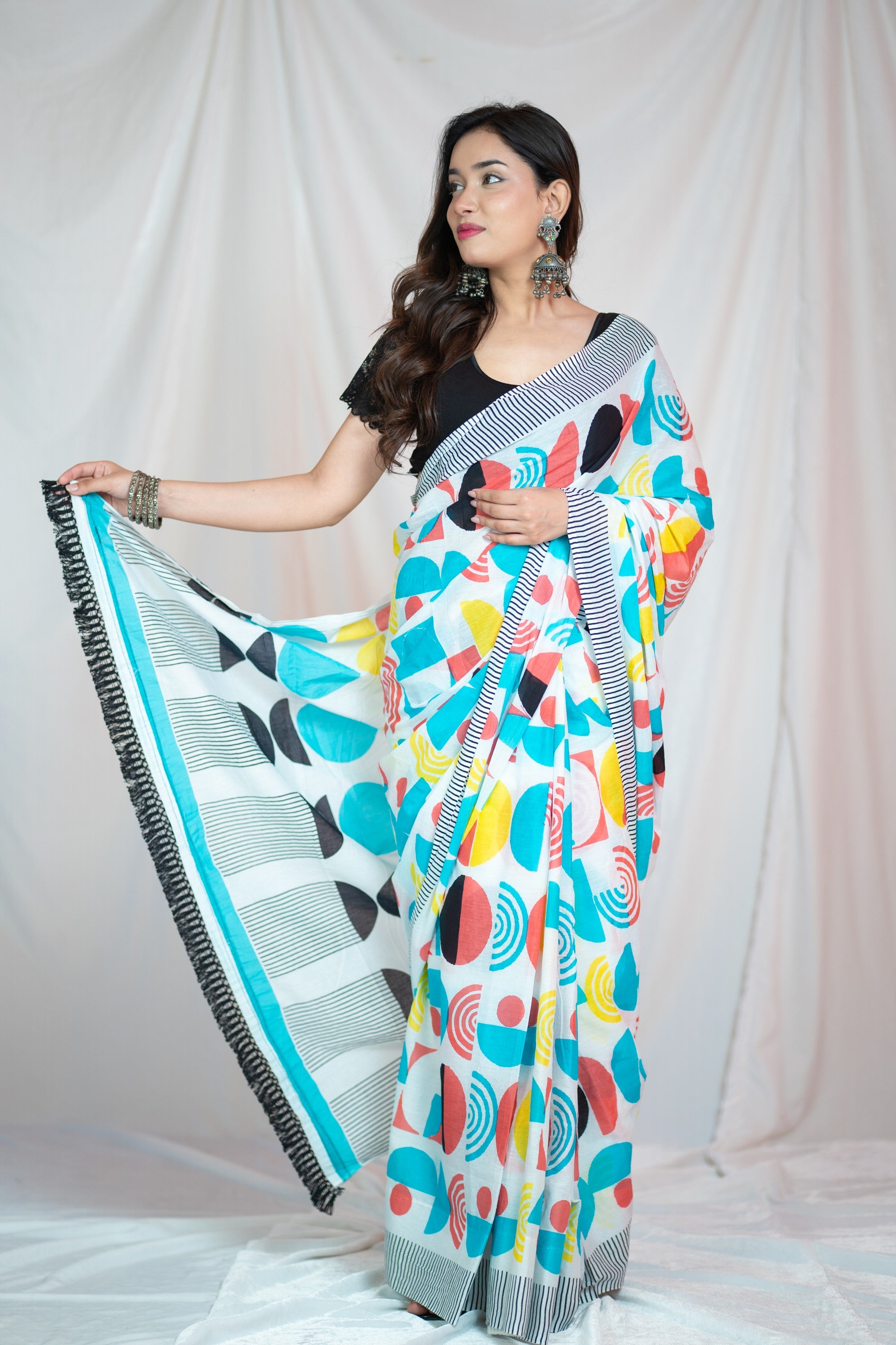 White Orbit- Block Printed Mul Saree