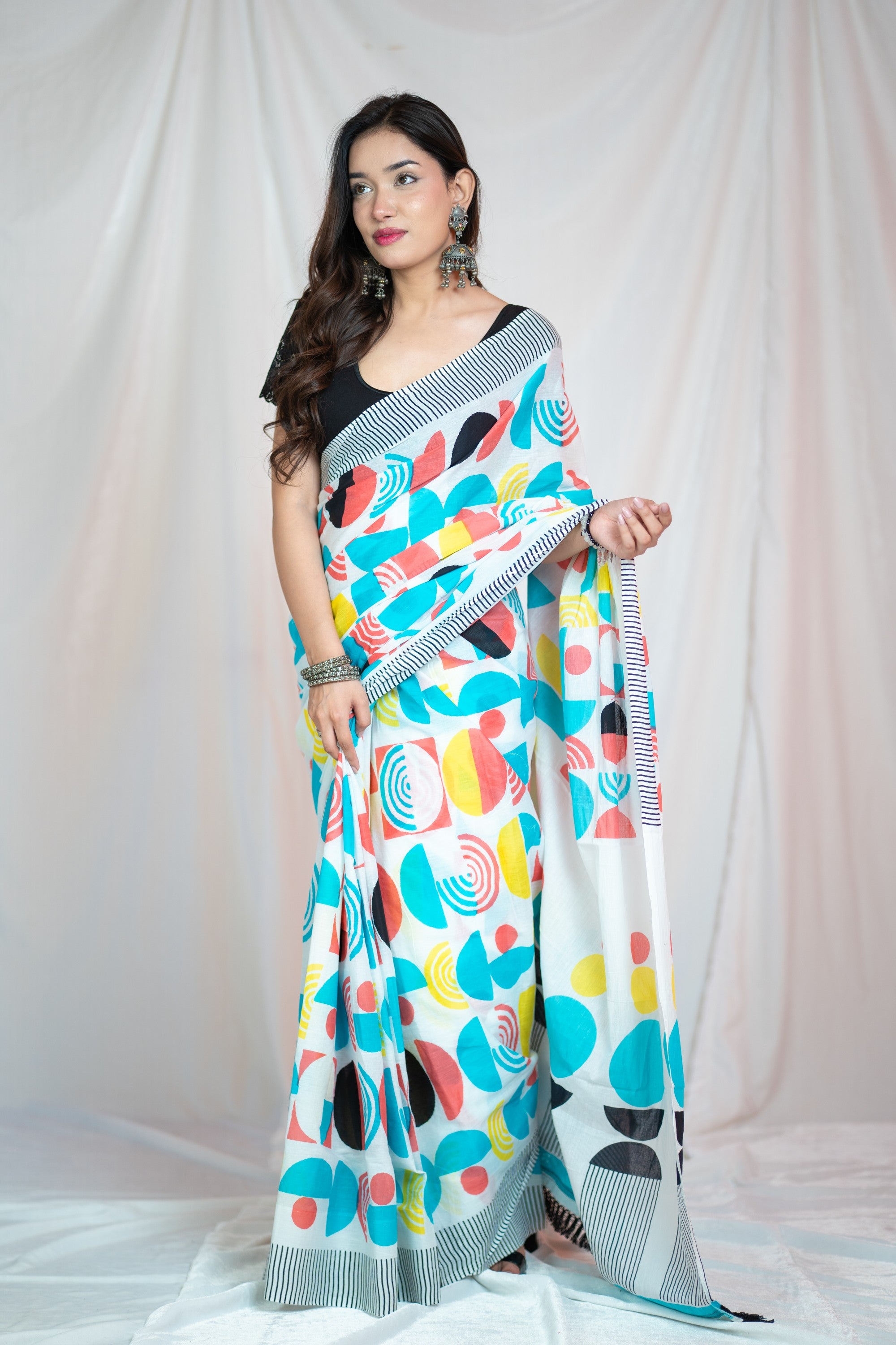 White Orbit- Block Printed Mul Saree