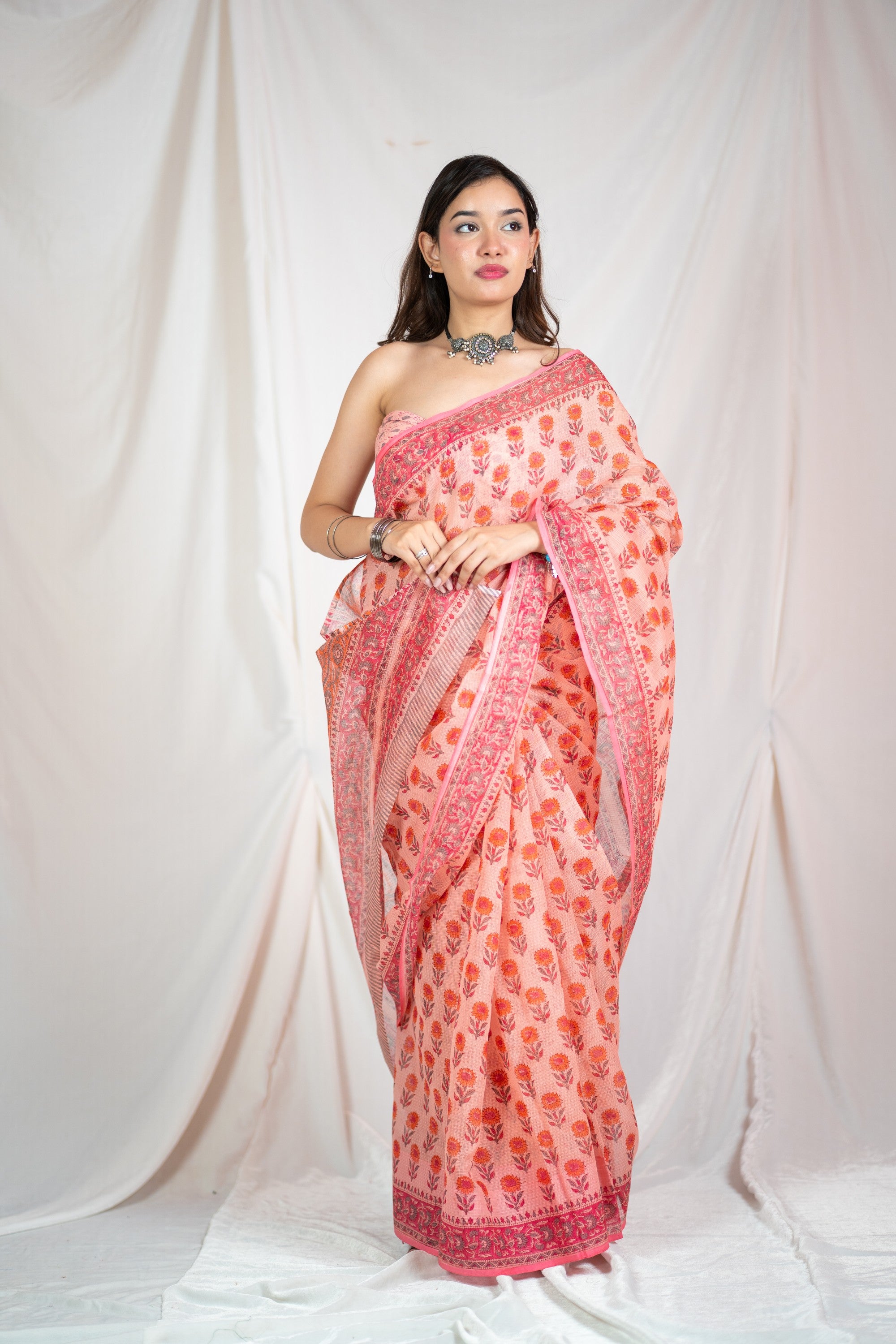 Blossom Breeze- Pink Kota Doria Saree