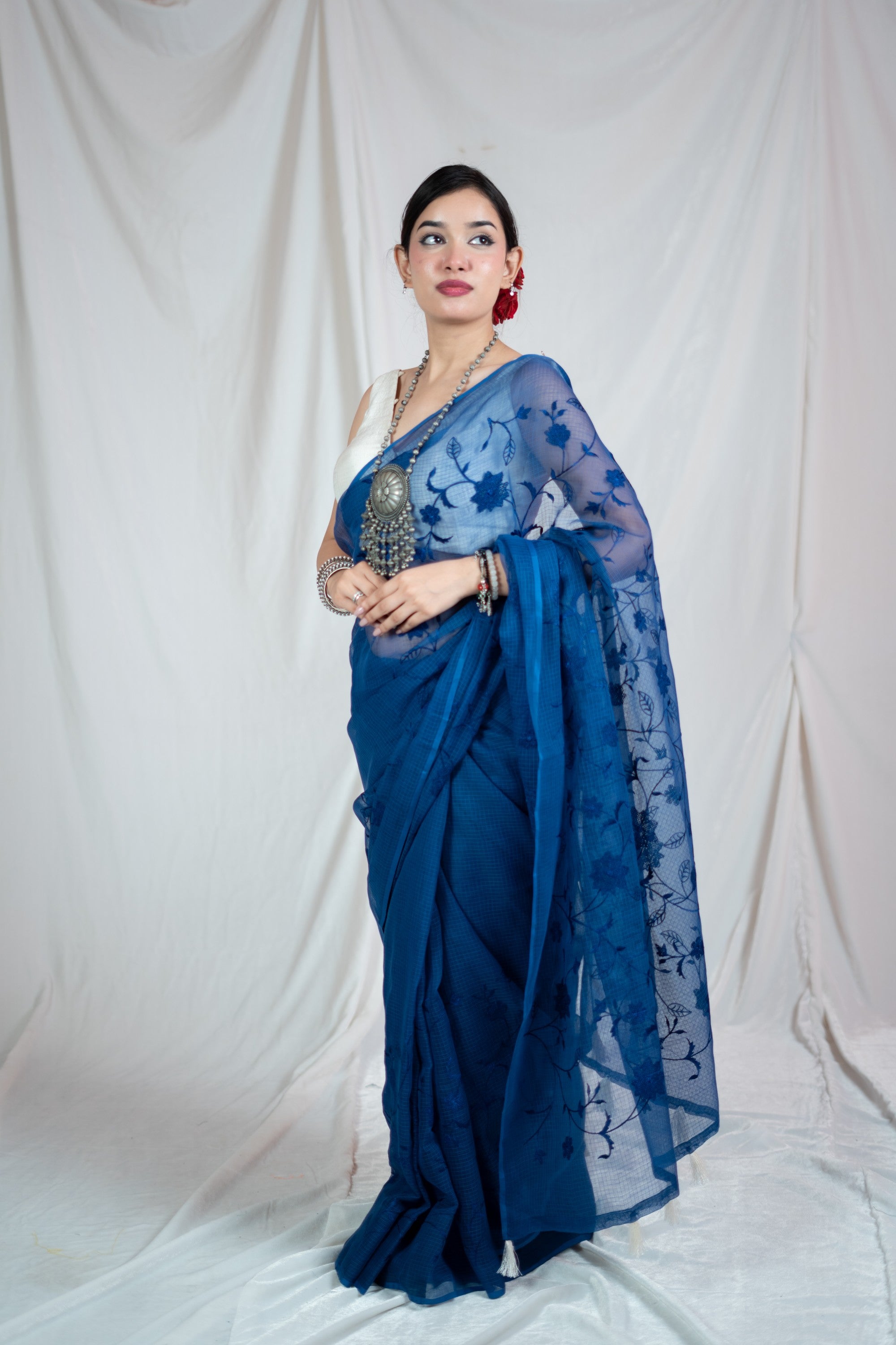 Blue Lagoon Bliss- Emb Kota Doria Saree