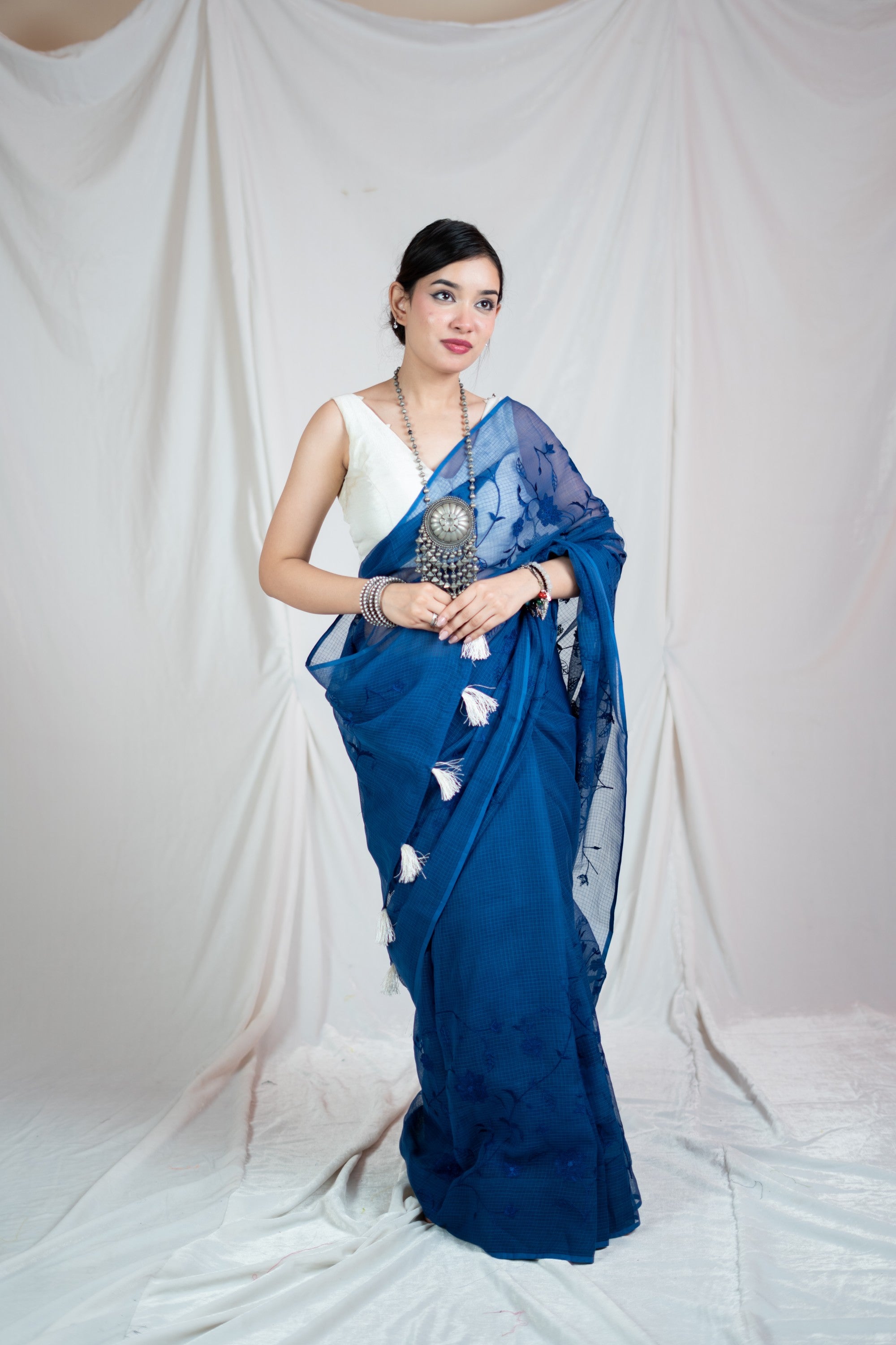 Blue Lagoon Bliss- Emb Kota Doria Saree