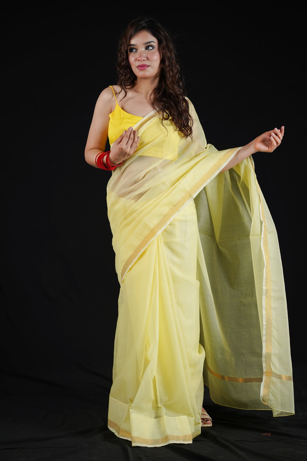 Lemon Yellow - Cotton Kota Doria Saree